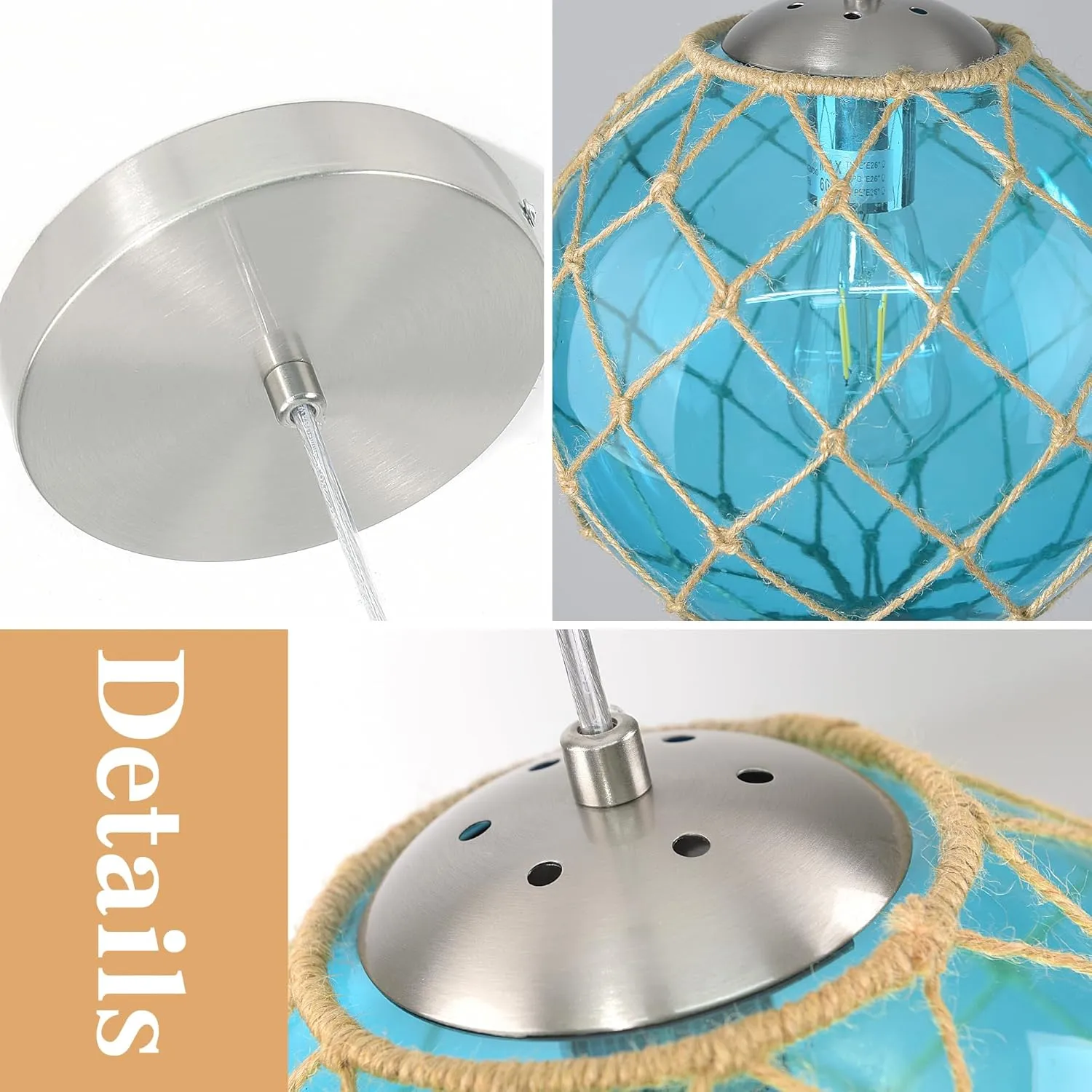 10" Blue Coastal Pendant Light Kitchen Island,Glass Globe Ocean Ceiling Light Fixture Beach House,Dimmable Hemp Rope Light Fixture Hanging For Bathroom Living Room Farmhouse Entry Bedroom(Bulb Incl.
