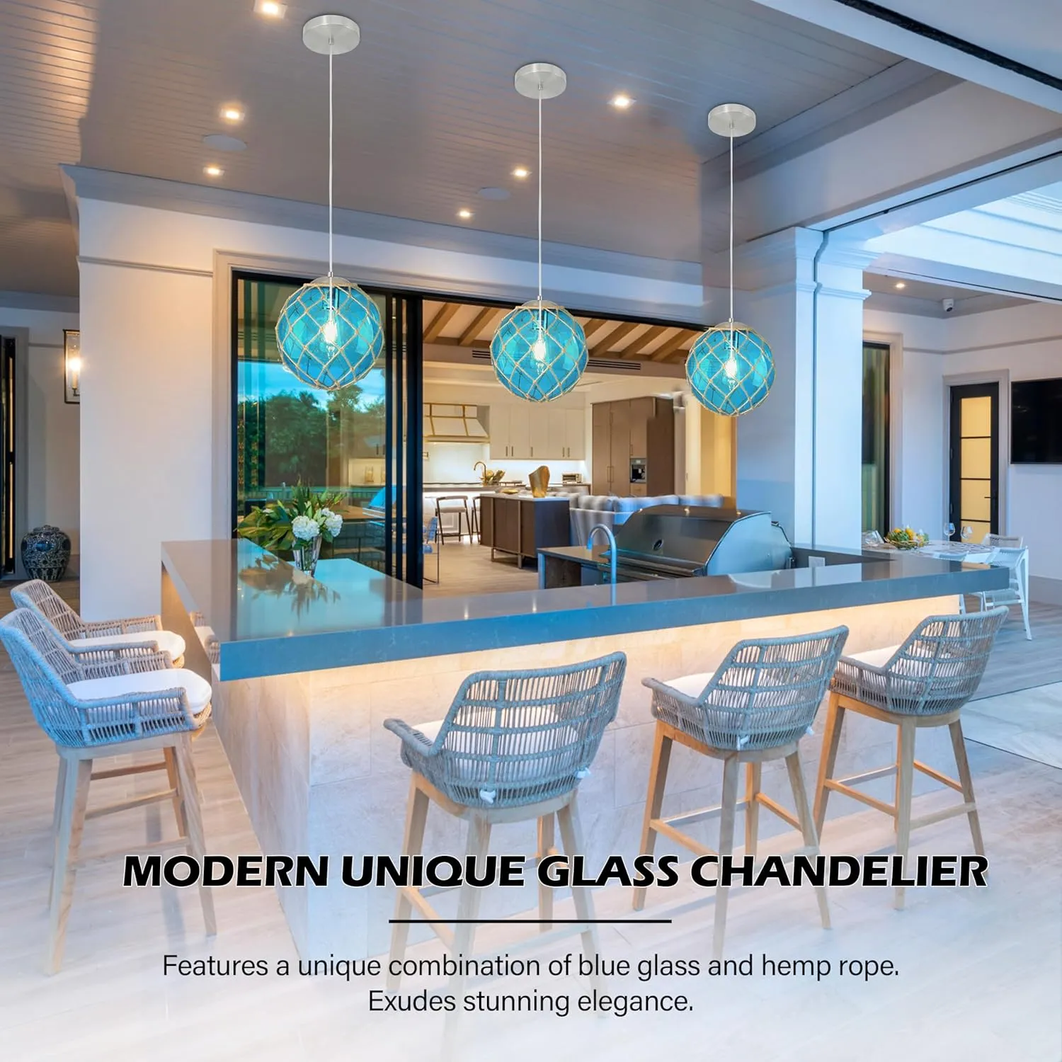 10" Blue Coastal Pendant Light Kitchen Island,Glass Globe Ocean Ceiling Light Fixture Beach House,Dimmable Hemp Rope Light Fixture Hanging For Bathroom Living Room Farmhouse Entry Bedroom(Bulb Incl.
