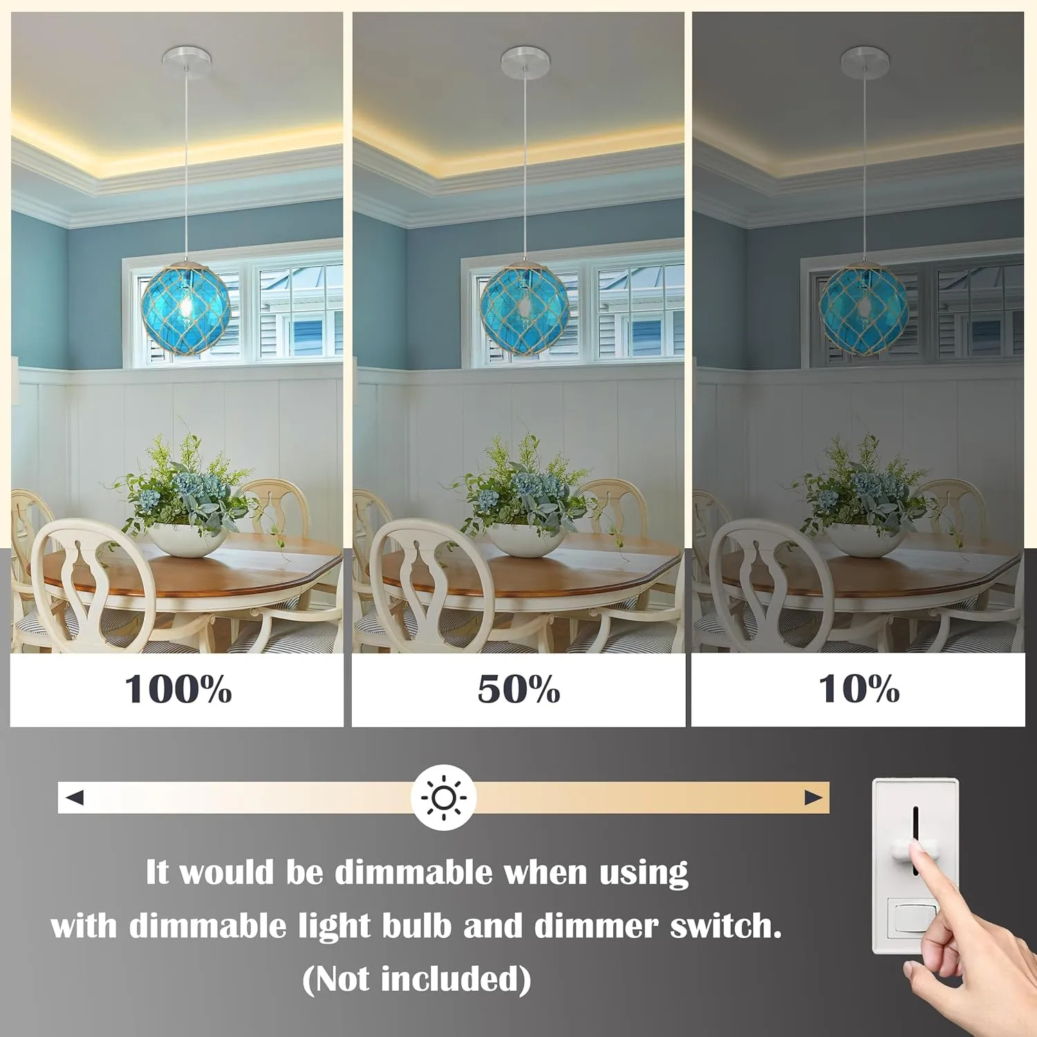 10" Blue Coastal Pendant Light Kitchen Island,Glass Globe Ocean Ceiling Light Fixture Beach House,Dimmable Hemp Rope Light Fixture Hanging For Bathroom Living Room Farmhouse Entry Bedroom(Bulb Incl.