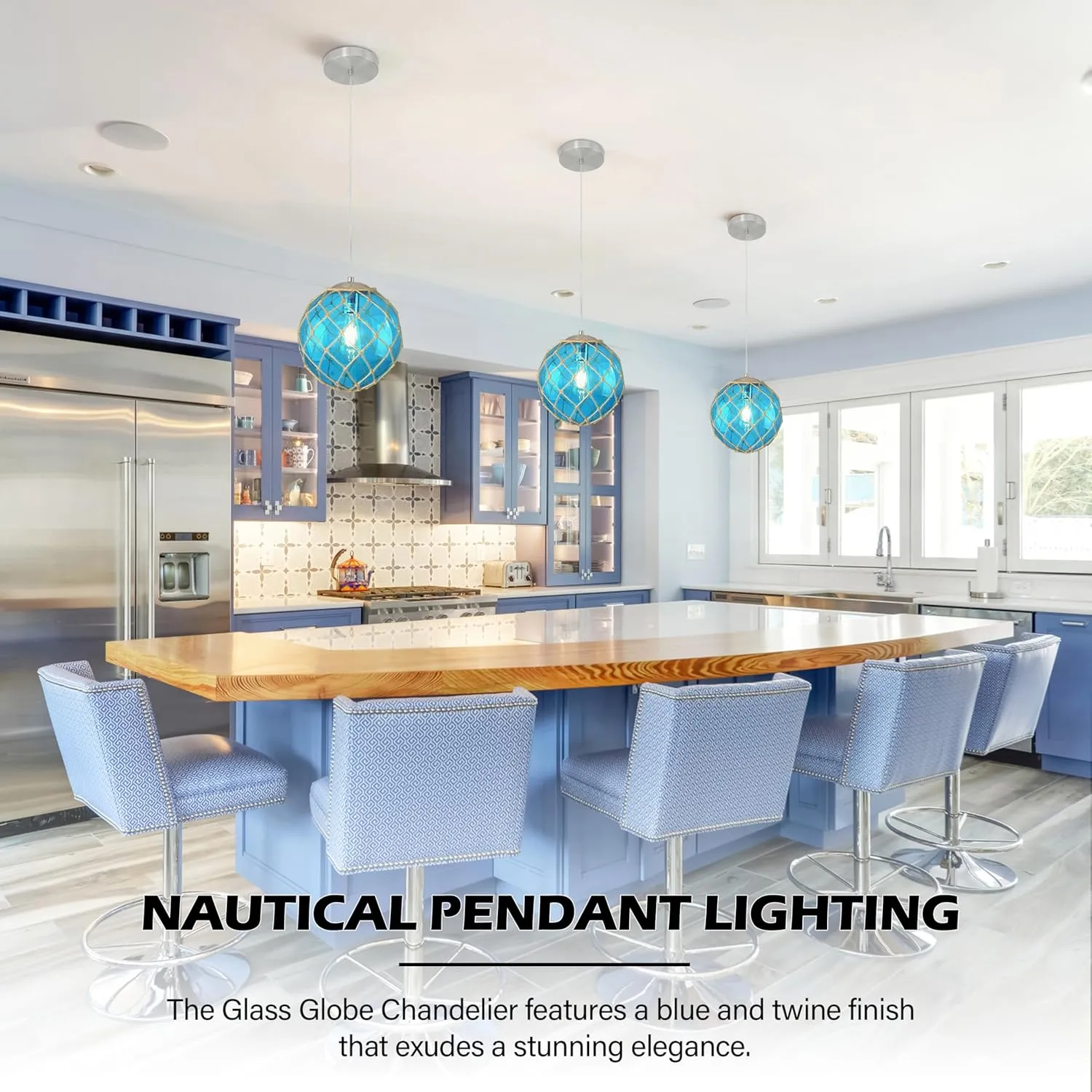 10" Blue Coastal Pendant Light Kitchen Island,Glass Globe Ocean Ceiling Light Fixture Beach House,Dimmable Hemp Rope Light Fixture Hanging For Bathroom Living Room Farmhouse Entry Bedroom(Bulb Incl.