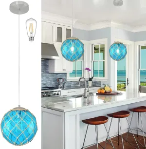 10" Blue Coastal Pendant Light Kitchen Island,Glass Globe Ocean Ceiling Light Fixture Beach House,Dimmable Hemp Rope Light Fixture Hanging For Bathroom Living Room Farmhouse Entry Bedroom(Bulb Incl.