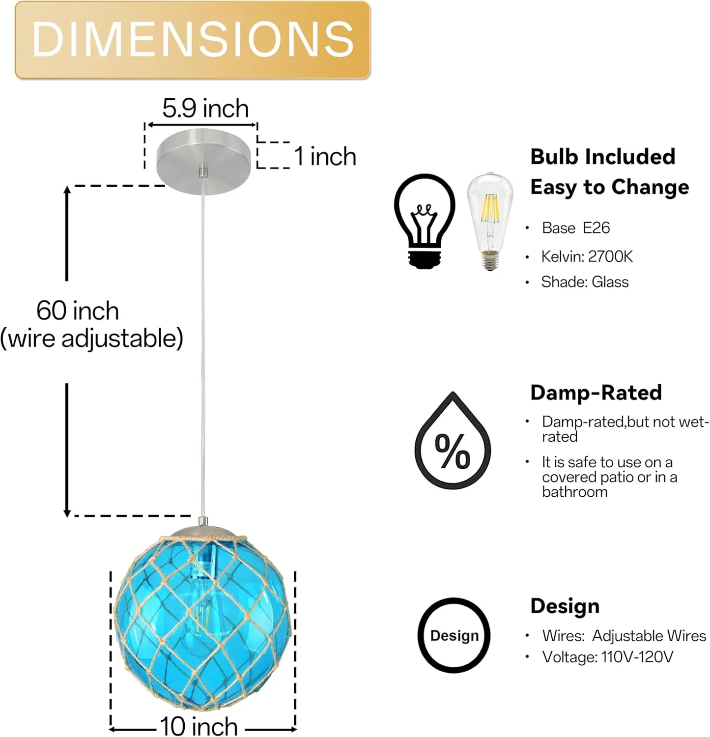 10" Blue Coastal Pendant Light Kitchen Island,Glass Globe Ocean Ceiling Light Fixture Beach House,Dimmable Hemp Rope Light Fixture Hanging For Bathroom Living Room Farmhouse Entry Bedroom(Bulb Incl.