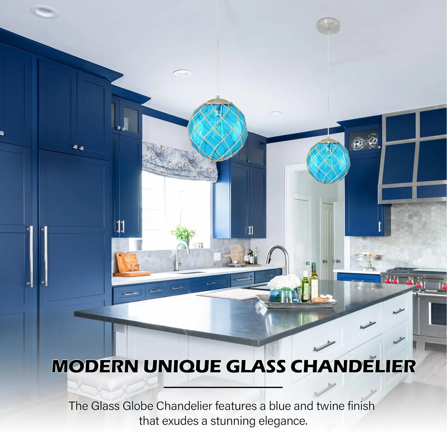 10" Blue Coastal Pendant Light Kitchen Island,Glass Globe Ocean Ceiling Light Fixture Beach House,Dimmable Hemp Rope Light Fixture Hanging For Bathroom Living Room Farmhouse Entry Bedroom(Bulb Incl.