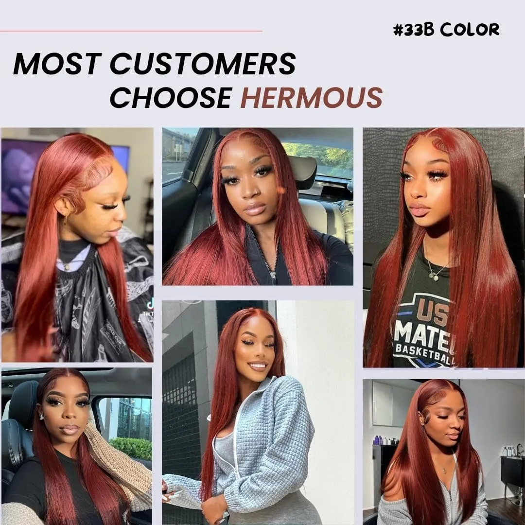 12A Double Drawn Reddish Brown Bundles with Frontal Human Hair 12 14 16 Inch 12 Inch, Unprocessed Raw Hair Copper Red Auburn Brown Colored Straight Bundles With 13x4 HD Lace Frontal 33B Color