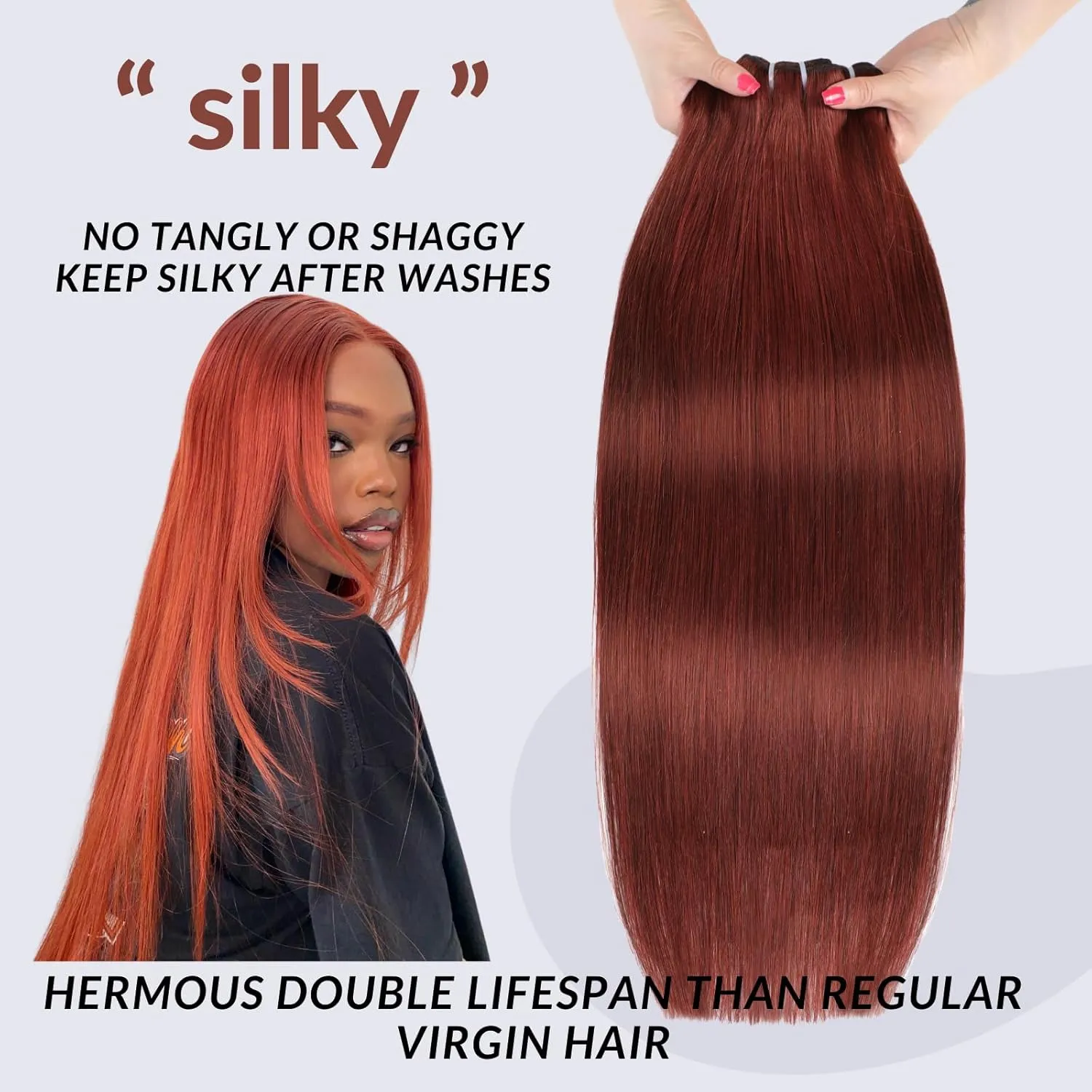 12A Double Drawn Reddish Brown Bundles with Frontal Human Hair 12 14 16 Inch 12 Inch, Unprocessed Raw Hair Copper Red Auburn Brown Colored Straight Bundles With 13x4 HD Lace Frontal 33B Color