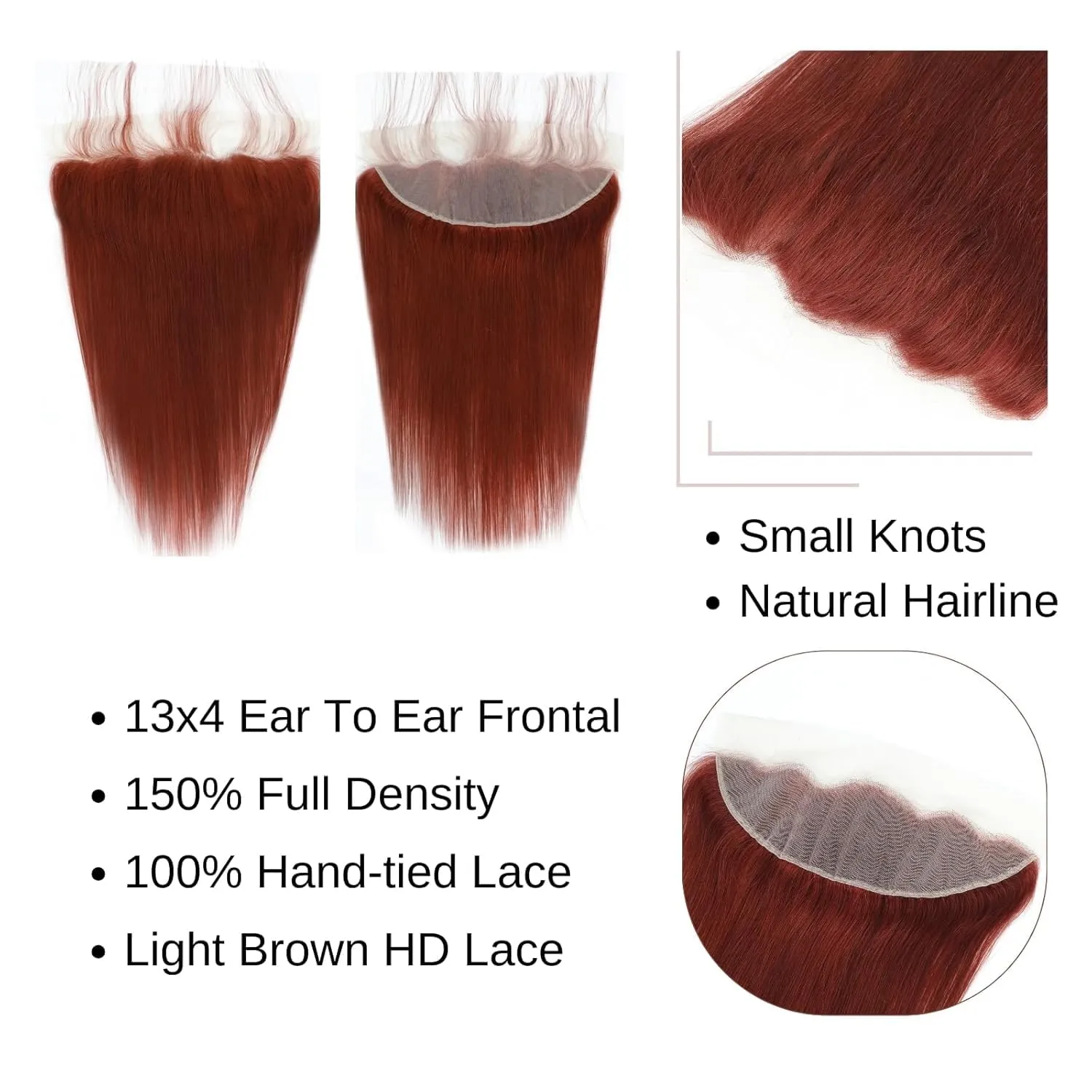12A Double Drawn Reddish Brown Bundles with Frontal Human Hair 12 14 16 Inch 12 Inch, Unprocessed Raw Hair Copper Red Auburn Brown Colored Straight Bundles With 13x4 HD Lace Frontal 33B Color