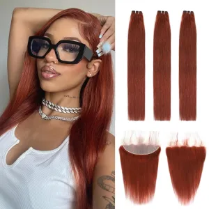 12A Double Drawn Reddish Brown Bundles with Frontal Human Hair 12 14 16 Inch 12 Inch, Unprocessed Raw Hair Copper Red Auburn Brown Colored Straight Bundles With 13x4 HD Lace Frontal 33B Color