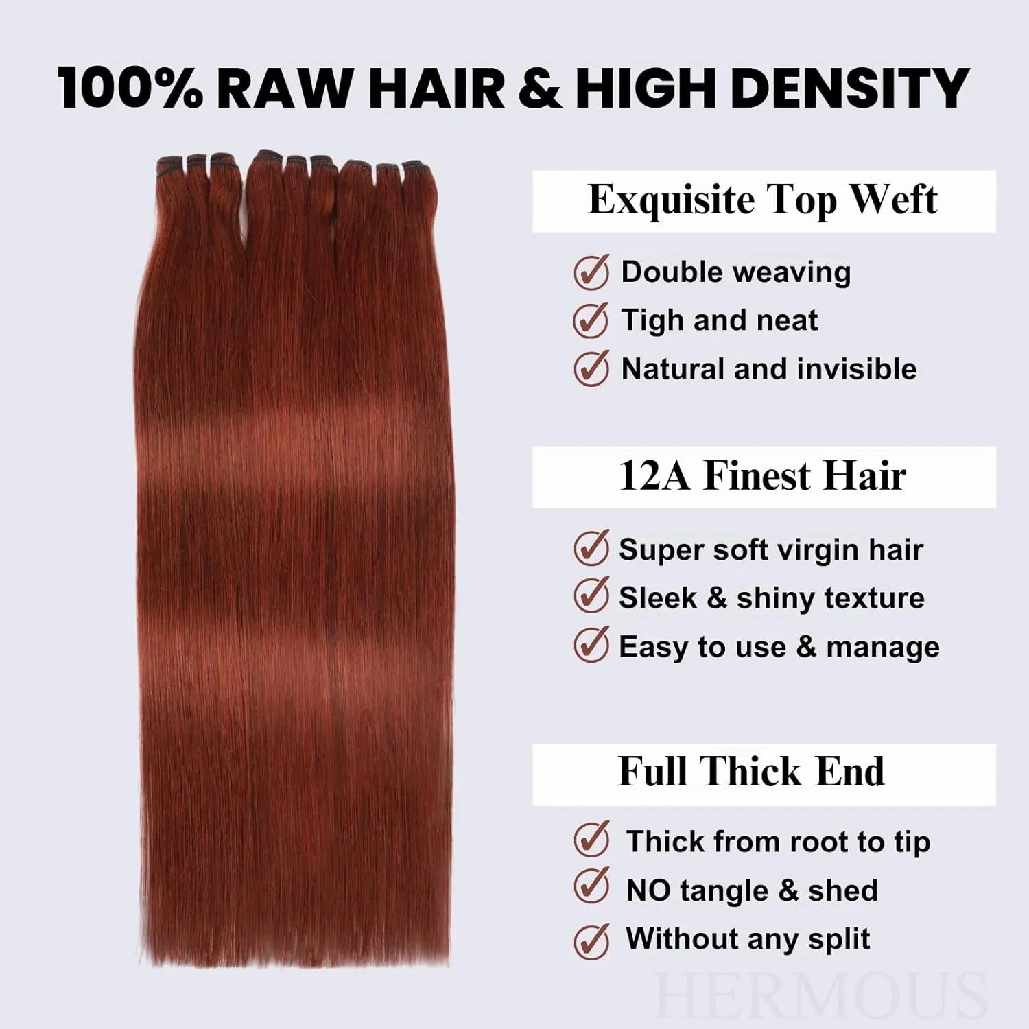 12A Double Drawn Reddish Brown Bundles with Frontal Human Hair 12 14 16 Inch 12 Inch, Unprocessed Raw Hair Copper Red Auburn Brown Colored Straight Bundles With 13x4 HD Lace Frontal 33B Color