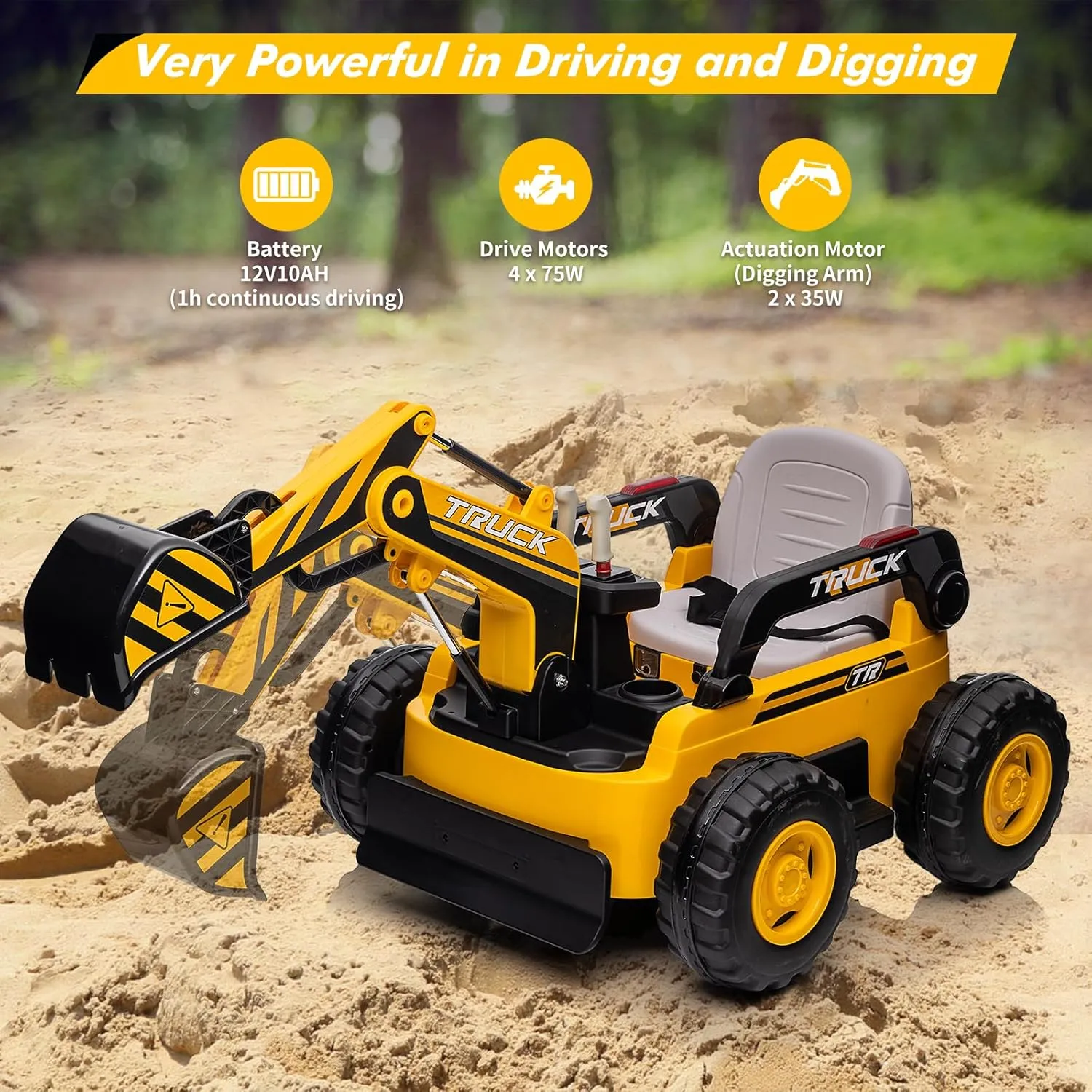 12V Kids Ride On Excavator Digger Truck with Remote Control & Electric Digging Arm, 12V 10Ah Large Battery, 4x75W Motors,Led Tail Light, Music, USB, Ride Toy for Xmas Birthday Gift for Ages 3 , Yello