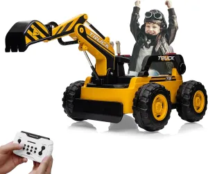 12V Kids Ride On Excavator Digger Truck with Remote Control & Electric Digging Arm, 12V 10Ah Large Battery, 4x75W Motors,Led Tail Light, Music, USB, Ride Toy for Xmas Birthday Gift for Ages 3 , Yello