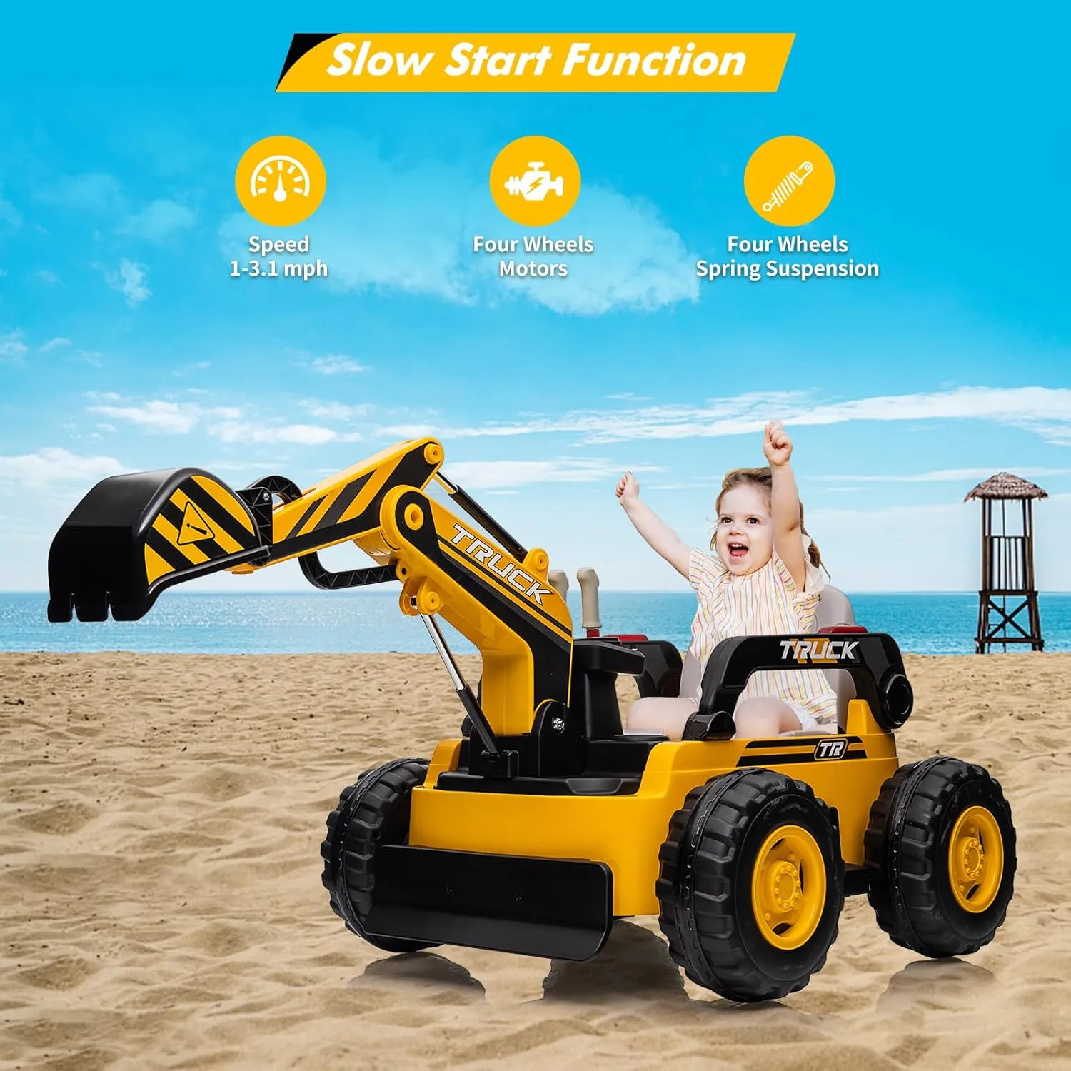12V Kids Ride On Excavator Digger Truck with Remote Control & Electric Digging Arm, 12V 10Ah Large Battery, 4x75W Motors,Led Tail Light, Music, USB, Ride Toy for Xmas Birthday Gift for Ages 3 , Yello
