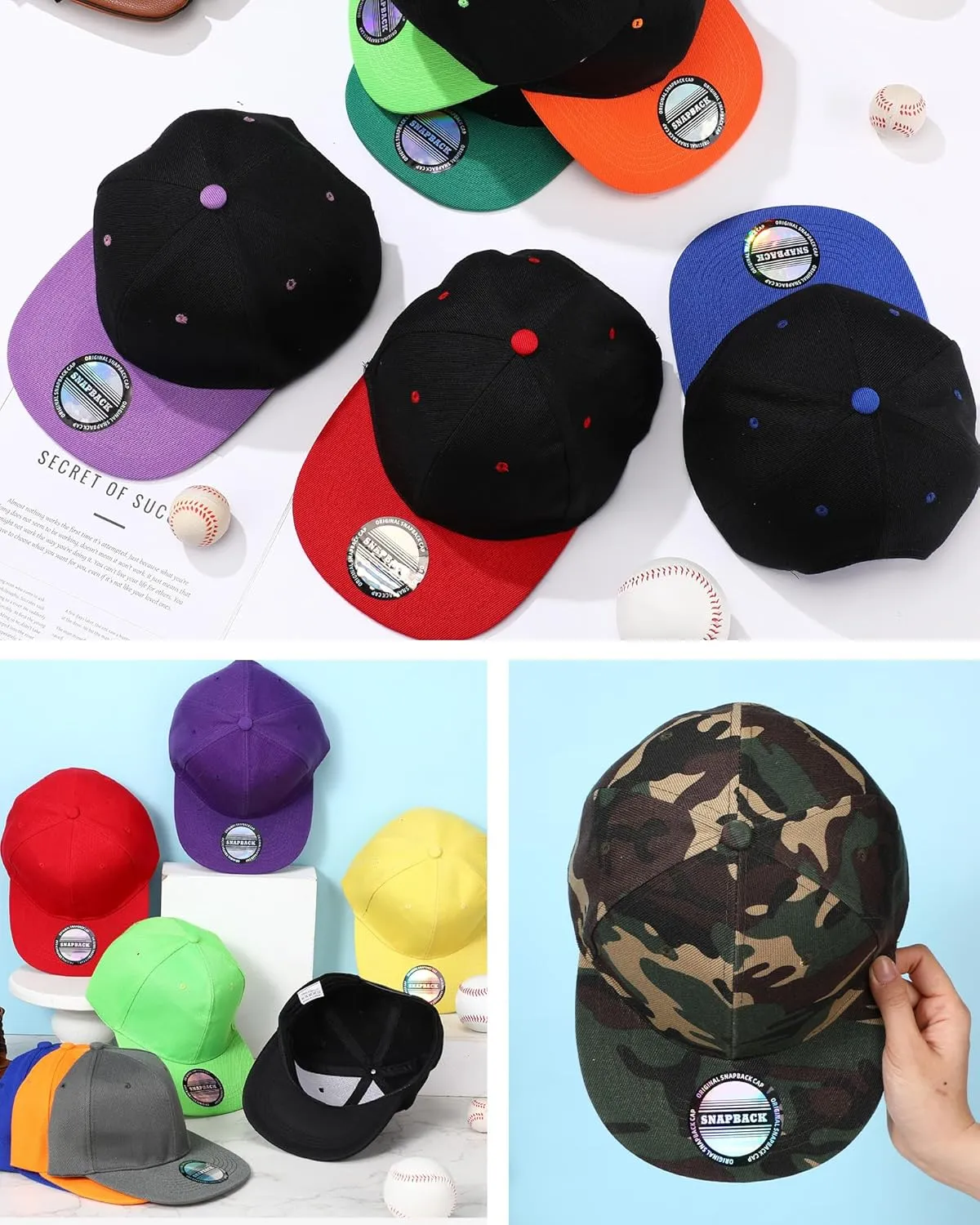 15 Pack Snapback Hats for Men Hip Hop Style Solid Baseball Hats Adjustable Snapback Cap Flat Brim Baseball Caps