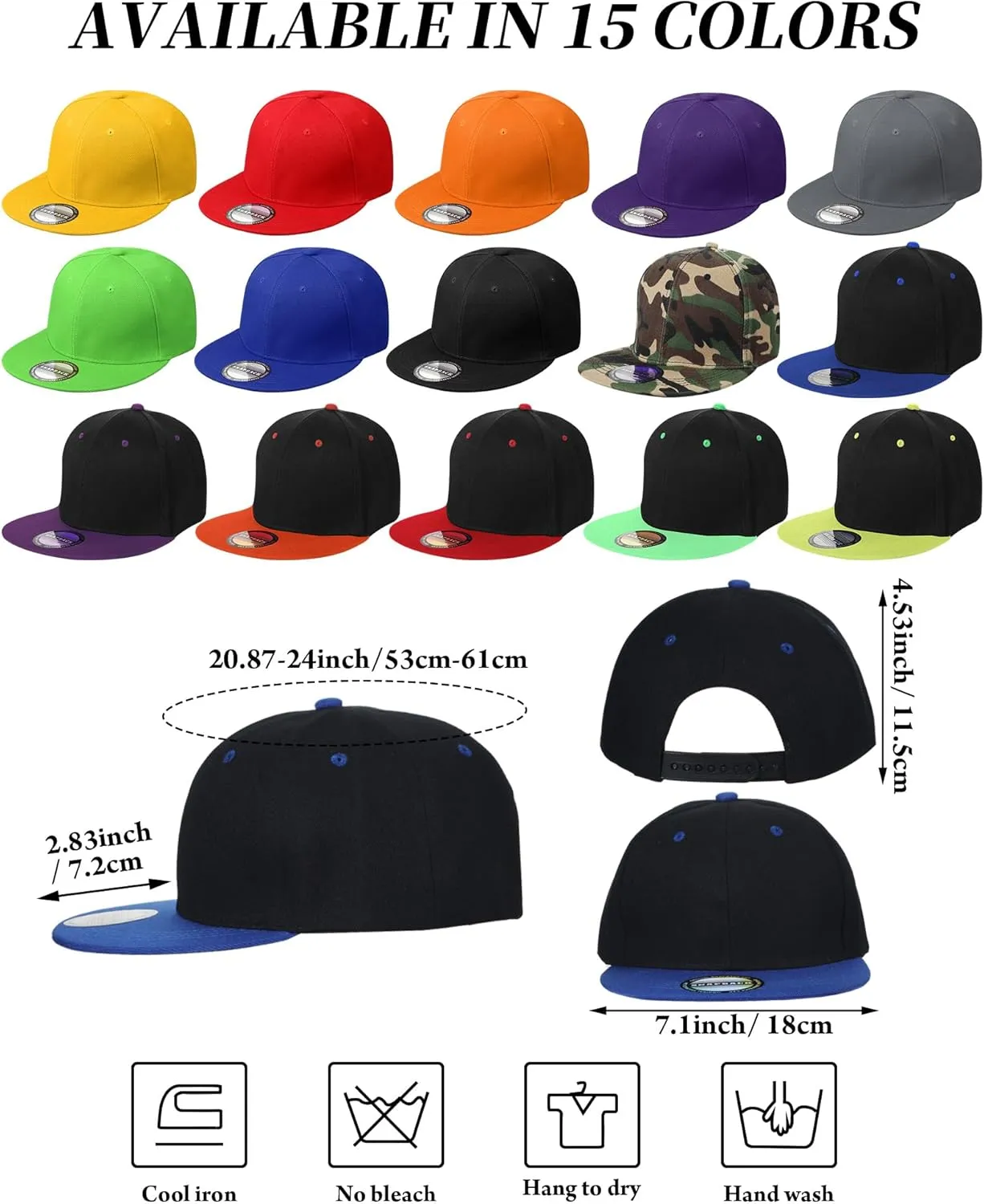 15 Pack Snapback Hats for Men Hip Hop Style Solid Baseball Hats Adjustable Snapback Cap Flat Brim Baseball Caps