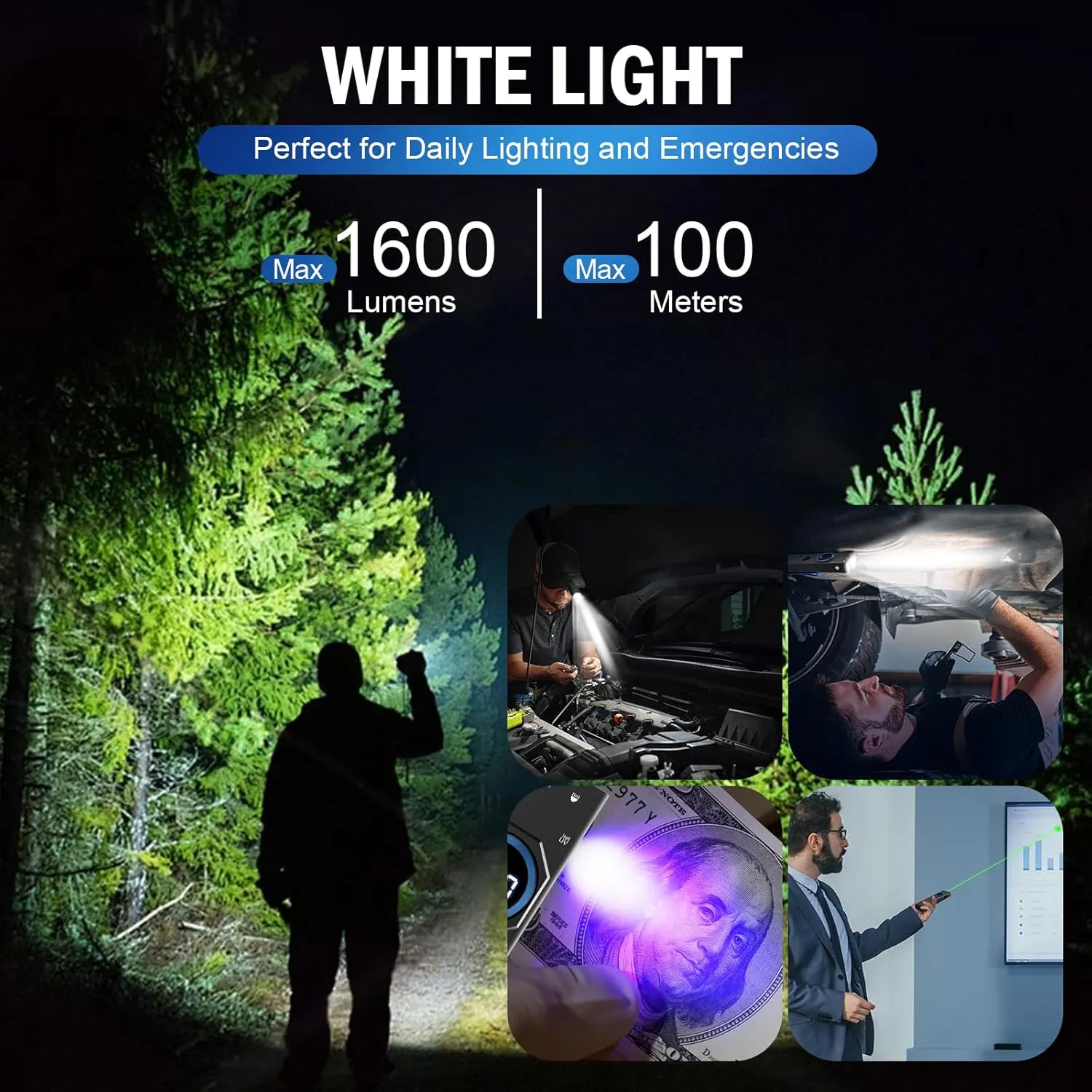 1600 Lumens Rechargeable EDC Flashlight with Green Beam, UV Light and White LED Combo, Portable Flat Flashlights, Triple Light Sources Pocket Lights for Emergency (Black)
