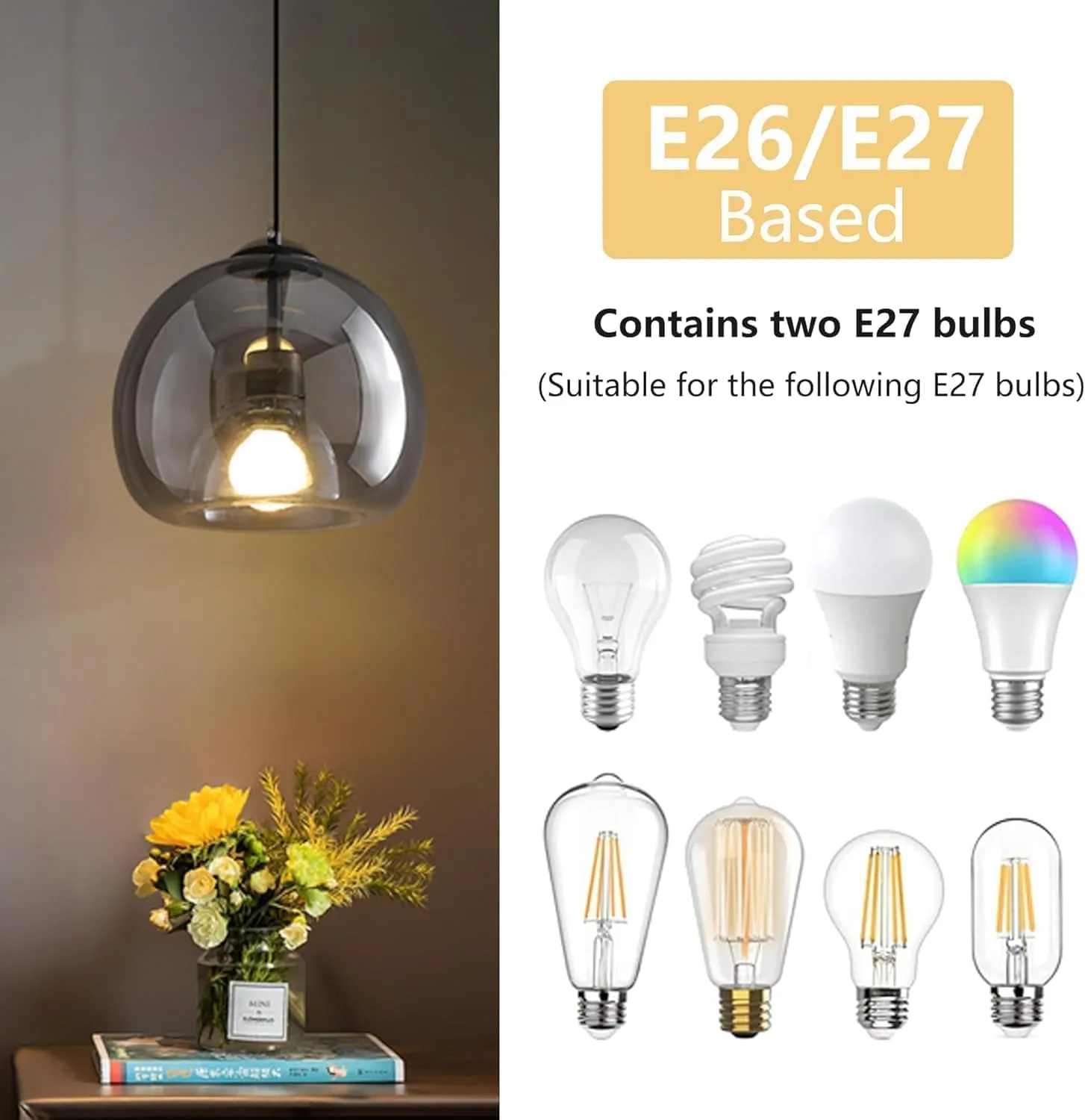 2-Pack Large Smoke Glass Pendant Lights for Kitchen Island, Includes Extra Bulbs & 4.26FT Adjustable Cord, Modern Pendant Lighting Fixtures for Kitchen, Dining Room, Living Room