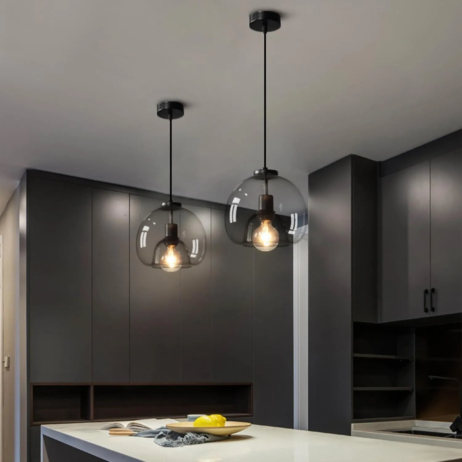 2-Pack Large Smoke Glass Pendant Lights for Kitchen Island, Includes Extra Bulbs & 4.26FT Adjustable Cord, Modern Pendant Lighting Fixtures for Kitchen, Dining Room, Living Room