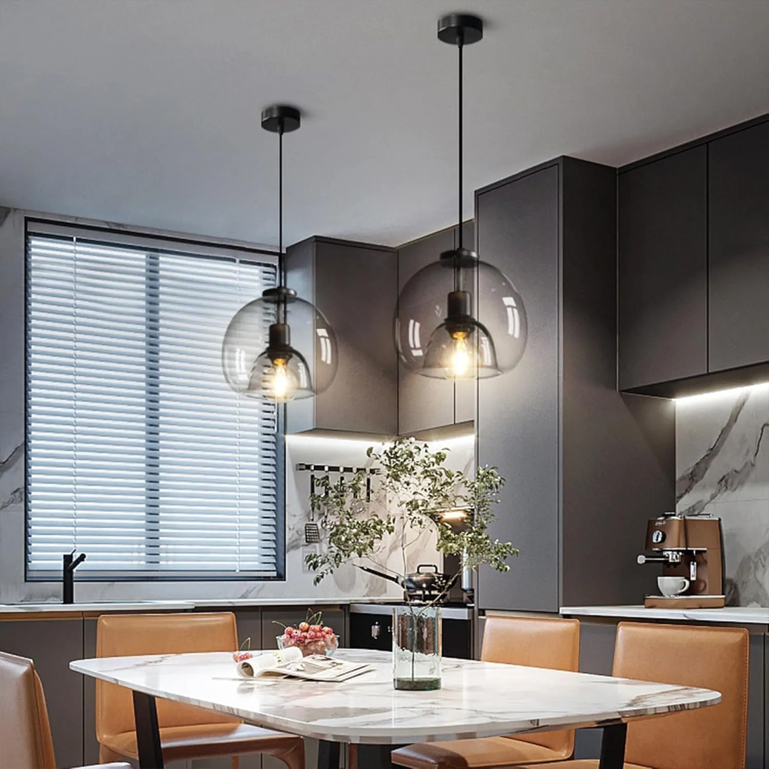 2-Pack Large Smoke Glass Pendant Lights for Kitchen Island, Includes Extra Bulbs & 4.26FT Adjustable Cord, Modern Pendant Lighting Fixtures for Kitchen, Dining Room, Living Room