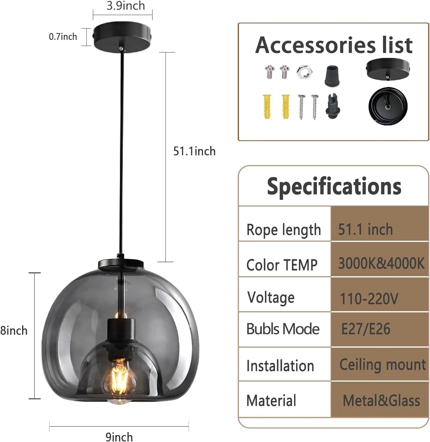 2-Pack Large Smoke Glass Pendant Lights for Kitchen Island, Includes Extra Bulbs & 4.26FT Adjustable Cord, Modern Pendant Lighting Fixtures for Kitchen, Dining Room, Living Room