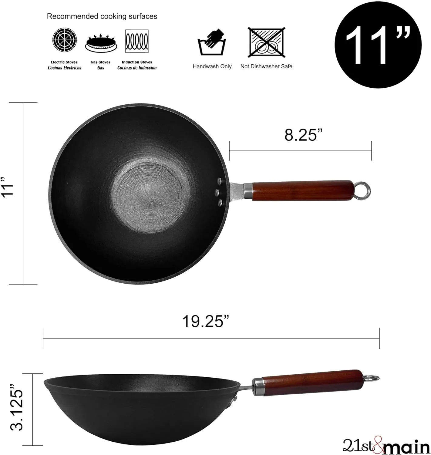 21st & Main Wok, Stir Fry Pan, Wooden Handle, 11 Inch, Lightweight Cast Iron, chef’s pan, pre-seasoned nonstick, for Chinese Japanese and other cooking