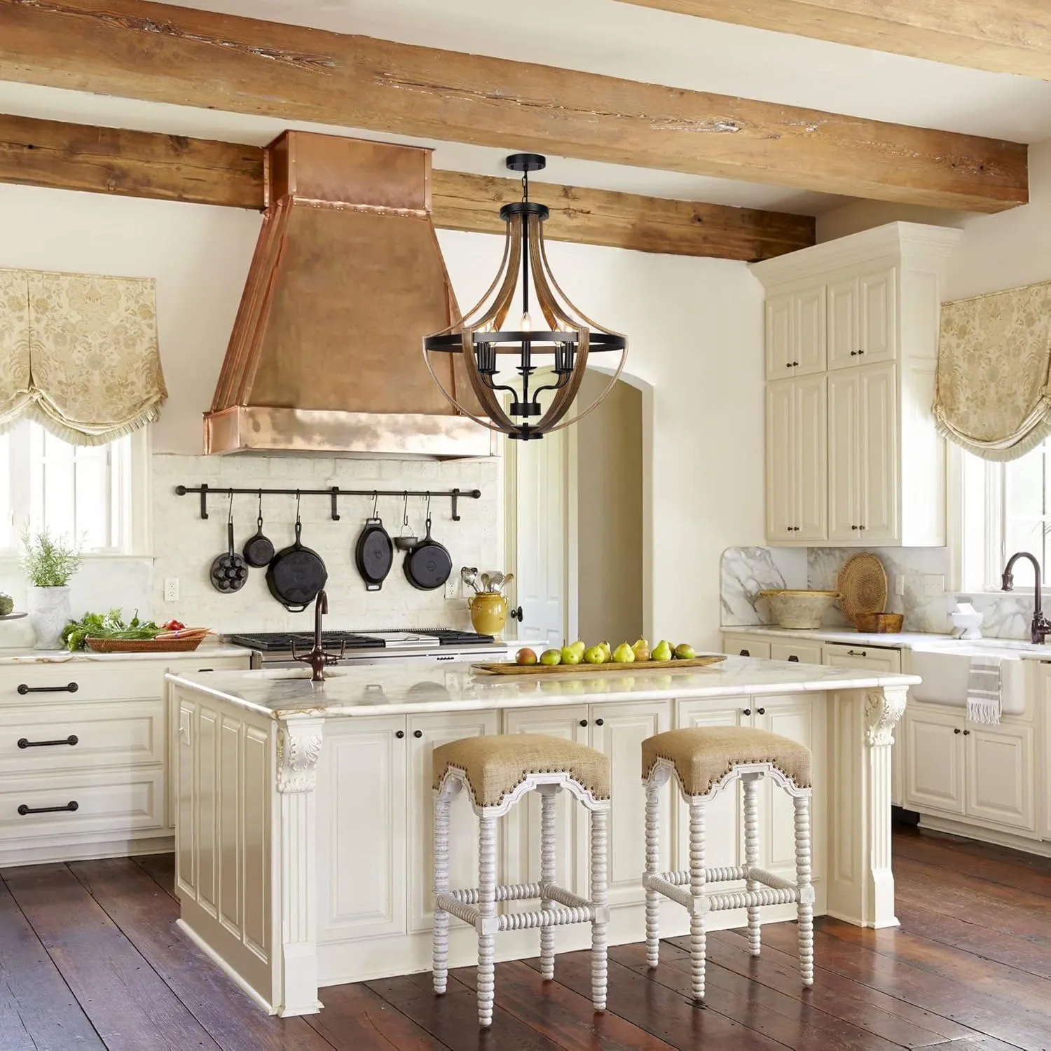 23.6" Large Farmhouse Chandeliers for Dining Room, 6-Light Adjustable Height Rustic Light fixtures for Kitchen Island Entryway Stairwell Breakfast Area, ‎Retro Wood Texture and Black Finish
