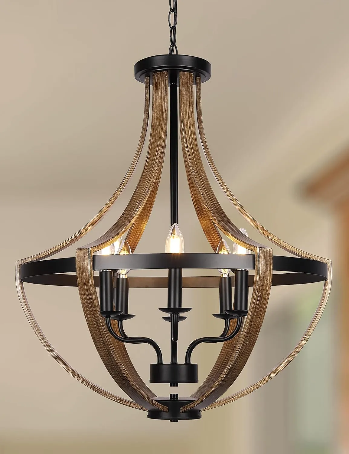23.6" Large Farmhouse Chandeliers for Dining Room, 6-Light Adjustable Height Rustic Light fixtures for Kitchen Island Entryway Stairwell Breakfast Area, ‎Retro Wood Texture and Black Finish