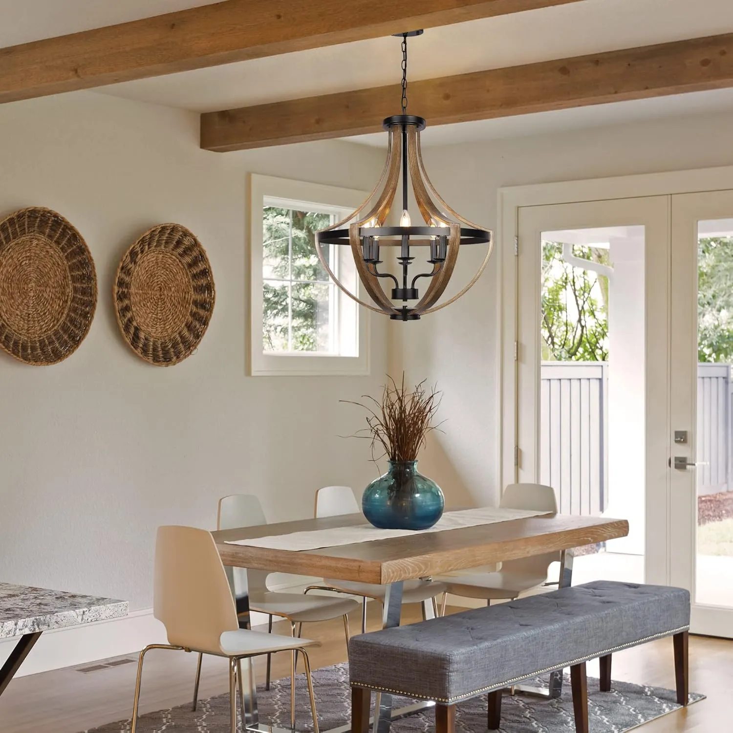 23.6" Large Farmhouse Chandeliers for Dining Room, 6-Light Adjustable Height Rustic Light fixtures for Kitchen Island Entryway Stairwell Breakfast Area, ‎Retro Wood Texture and Black Finish