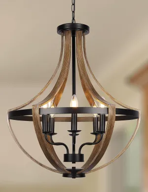 23.6" Large Farmhouse Chandeliers for Dining Room, 6-Light Adjustable Height Rustic Light fixtures for Kitchen Island Entryway Stairwell Breakfast Area, ‎Retro Wood Texture and Black Finish