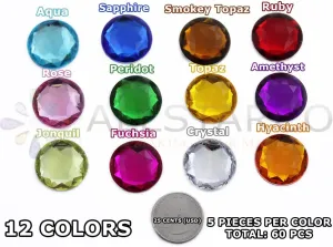 25mm Assorted Colors Flat Back Round Acrylic Rhinestones Plastic Circle Gems for Costume Making Cosplay Jewels Pro Grade Embelishments - 60 Pieces