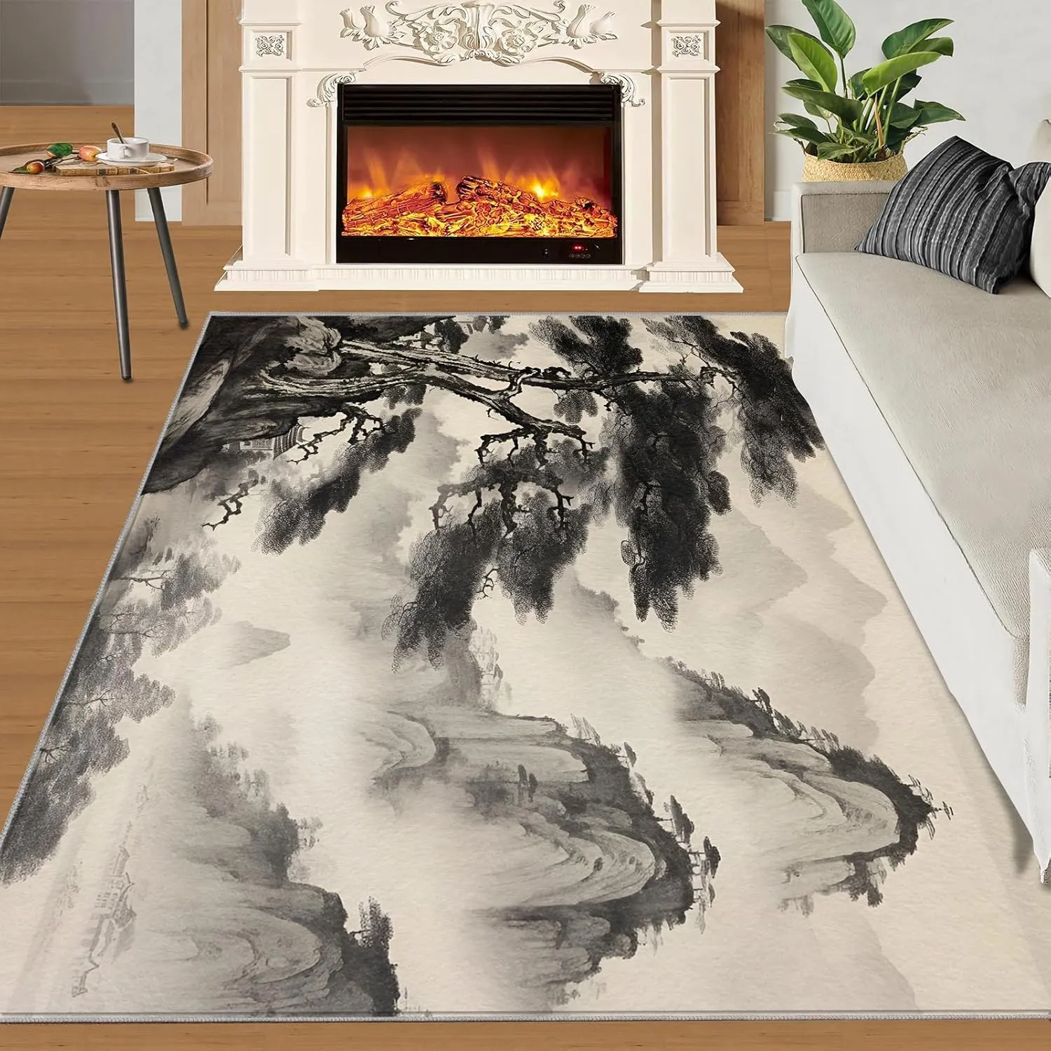 2x4 Misty Inked Pines Runner Rug - Traditional Sumi-e Rugs for Entryway, Chinese Landscape Kitchen Runner Rug Soft Non Slip Anti Fatigue for Laundry Room Indoor Hallways