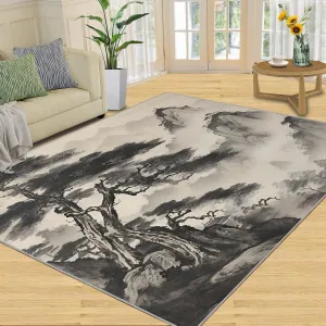 2x4 Misty Inked Pines Runner Rug - Traditional Sumi-e Rugs for Entryway, Chinese Landscape Kitchen Runner Rug Soft Non Slip Anti Fatigue for Laundry Room Indoor Hallways