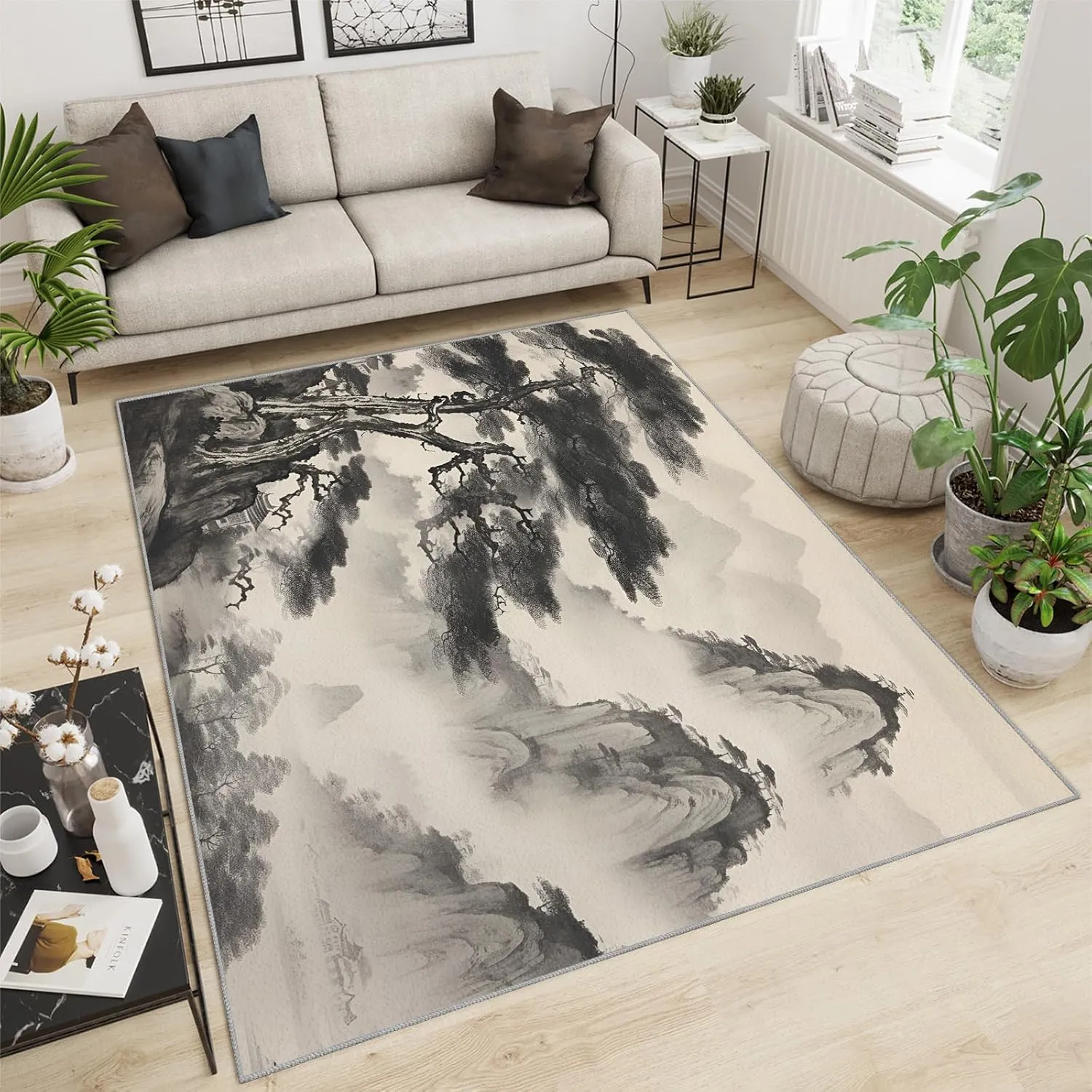 2x4 Misty Inked Pines Runner Rug - Traditional Sumi-e Rugs for Entryway, Chinese Landscape Kitchen Runner Rug Soft Non Slip Anti Fatigue for Laundry Room Indoor Hallways
