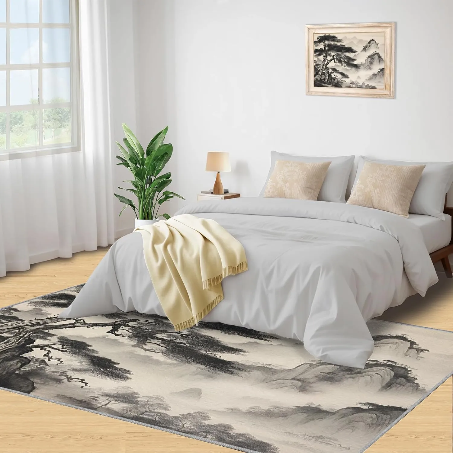 2x4 Misty Inked Pines Runner Rug - Traditional Sumi-e Rugs for Entryway, Chinese Landscape Kitchen Runner Rug Soft Non Slip Anti Fatigue for Laundry Room Indoor Hallways