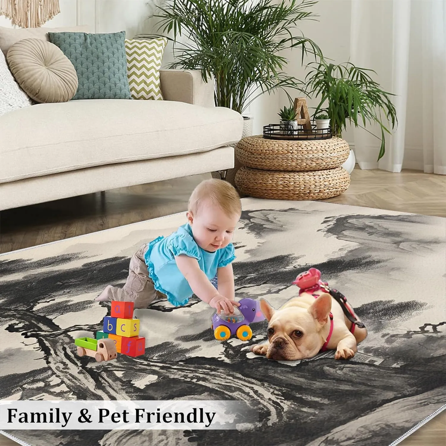 2x4 Misty Inked Pines Runner Rug - Traditional Sumi-e Rugs for Entryway, Chinese Landscape Kitchen Runner Rug Soft Non Slip Anti Fatigue for Laundry Room Indoor Hallways