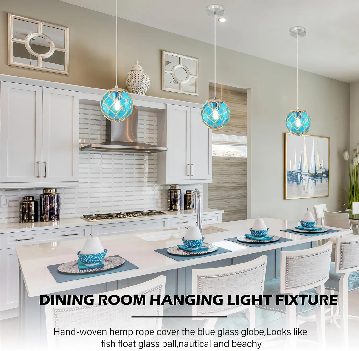 3 Pack 6" Blue Coastal Pendant Light Kitchen Island,Glass Globe Ocean Ceiling Light Fixture Beach House,Dimmable Hemp Rope Light Fixture Hanging For Bathroom Living Room Farmhouse Bedroom(Bulb Incl.