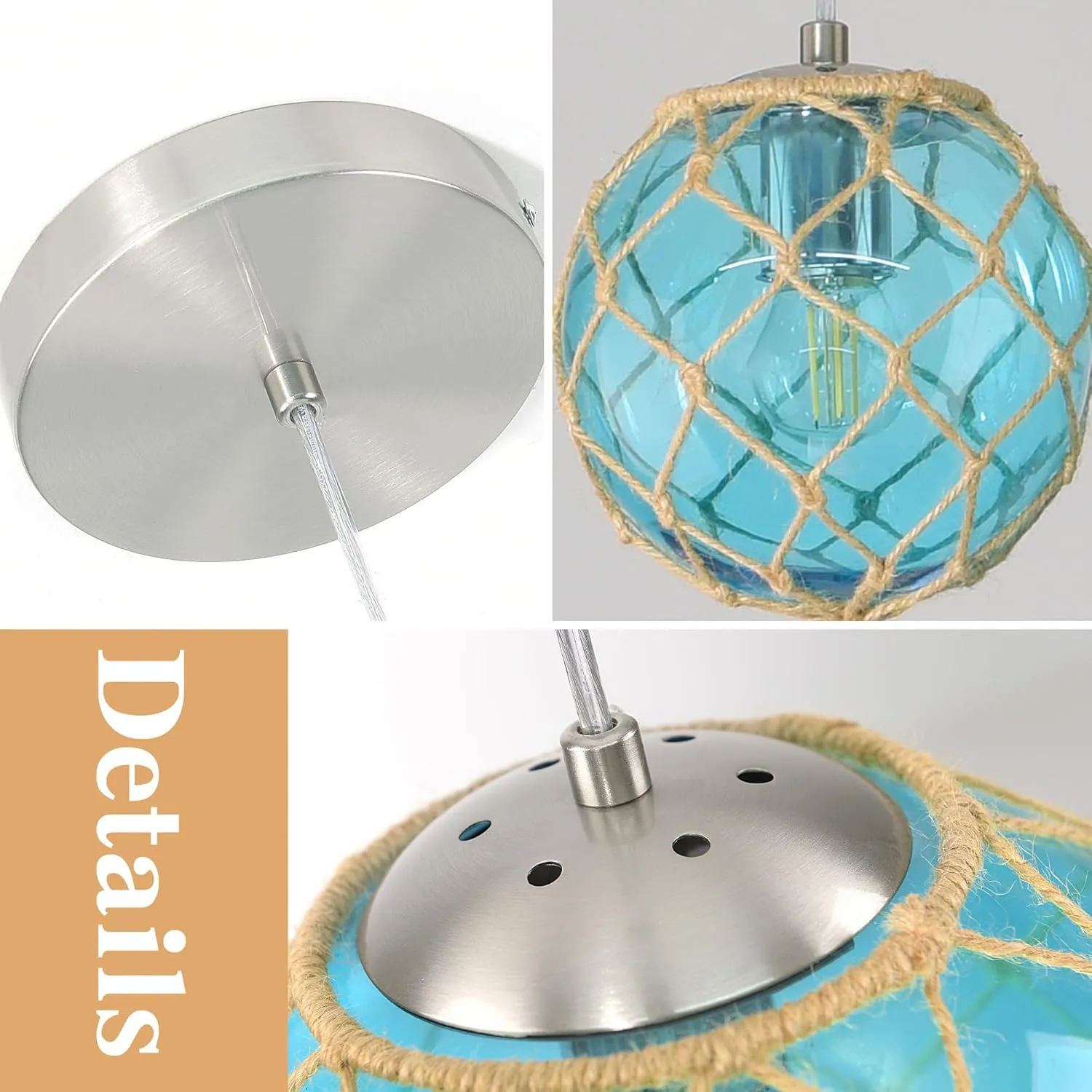 3 Pack 6" Blue Coastal Pendant Light Kitchen Island,Glass Globe Ocean Ceiling Light Fixture Beach House,Dimmable Hemp Rope Light Fixture Hanging For Bathroom Living Room Farmhouse Bedroom(Bulb Incl.