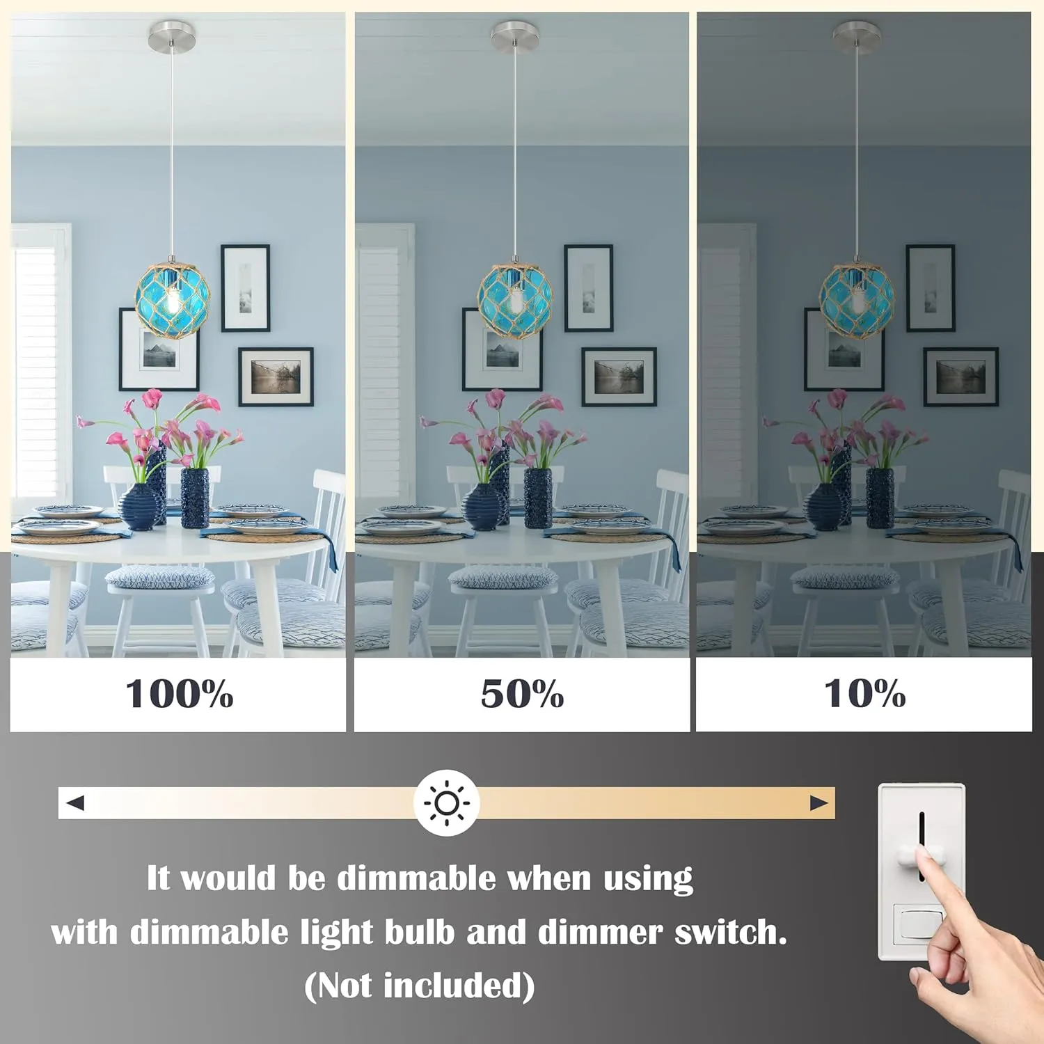 3 Pack 6" Blue Coastal Pendant Light Kitchen Island,Glass Globe Ocean Ceiling Light Fixture Beach House,Dimmable Hemp Rope Light Fixture Hanging For Bathroom Living Room Farmhouse Bedroom(Bulb Incl.