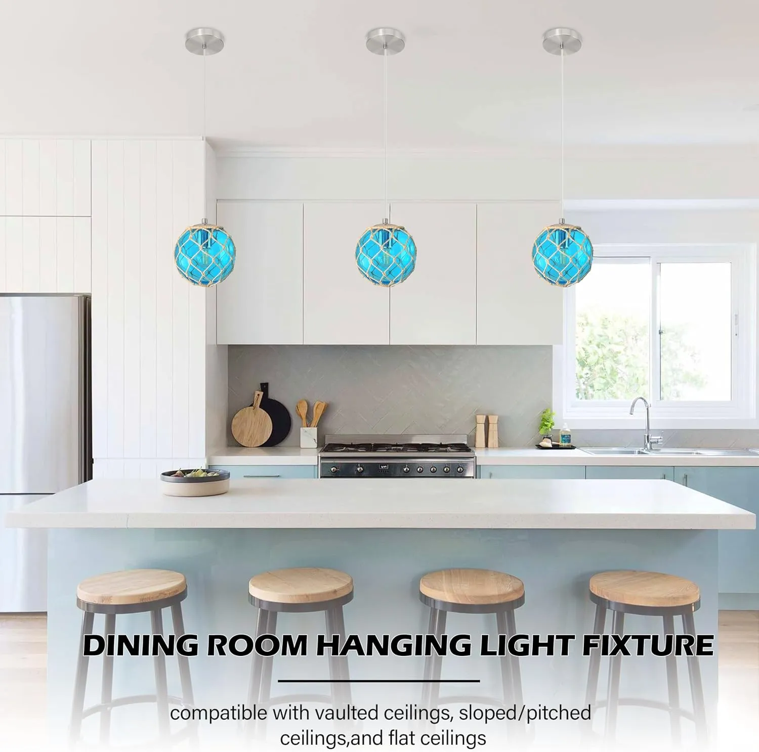 3 Pack 6" Blue Coastal Pendant Light Kitchen Island,Glass Globe Ocean Ceiling Light Fixture Beach House,Dimmable Hemp Rope Light Fixture Hanging For Bathroom Living Room Farmhouse Bedroom(Bulb Incl.