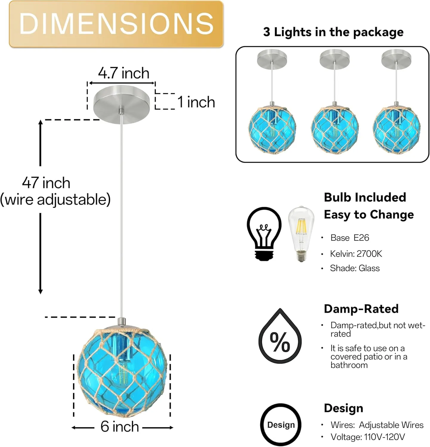 3 Pack 6" Blue Coastal Pendant Light Kitchen Island,Glass Globe Ocean Ceiling Light Fixture Beach House,Dimmable Hemp Rope Light Fixture Hanging For Bathroom Living Room Farmhouse Bedroom(Bulb Incl.