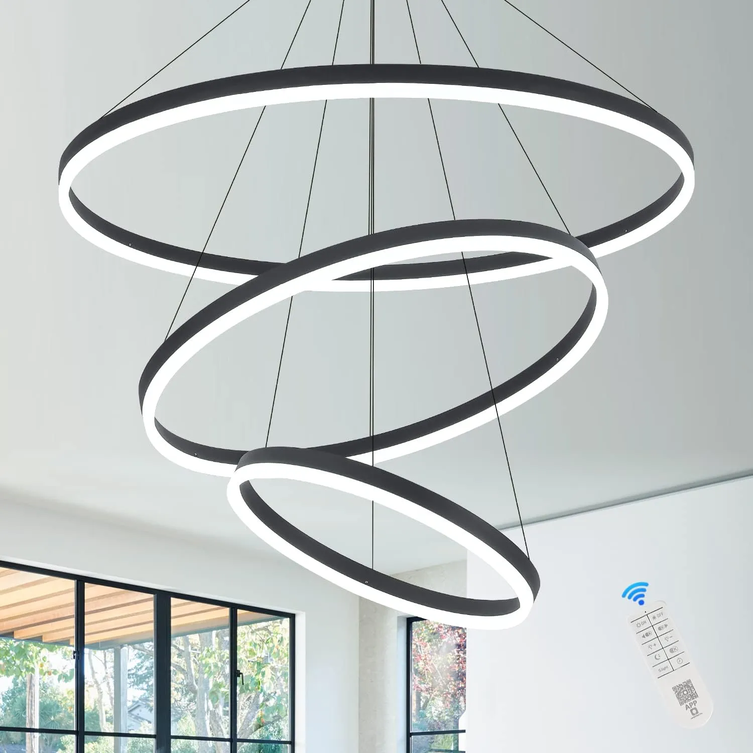 3-Rings D31.5’’ Modern LED Chandelier Black, Dimmable Pendant Lighting with Remote Control Circular Flush Mount High Ceiling Light for Living Dining Room Bedroom Foyer, 3000K-6500K