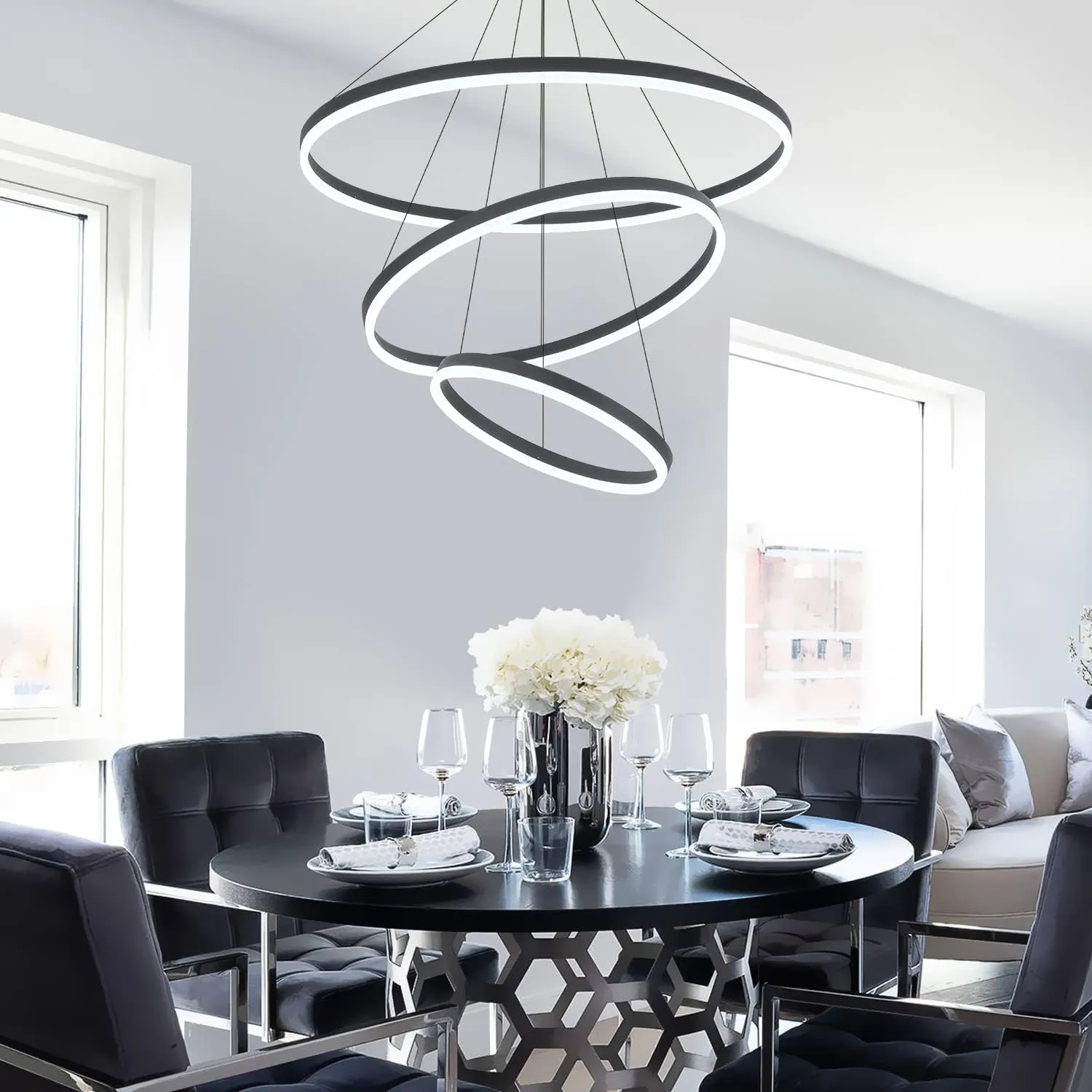 3-Rings D31.5’’ Modern LED Chandelier Black, Dimmable Pendant Lighting with Remote Control Circular Flush Mount High Ceiling Light for Living Dining Room Bedroom Foyer, 3000K-6500K