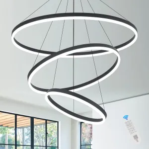 3-Rings D31.5’’ Modern LED Chandelier Black, Dimmable Pendant Lighting with Remote Control Circular Flush Mount High Ceiling Light for Living Dining Room Bedroom Foyer, 3000K-6500K