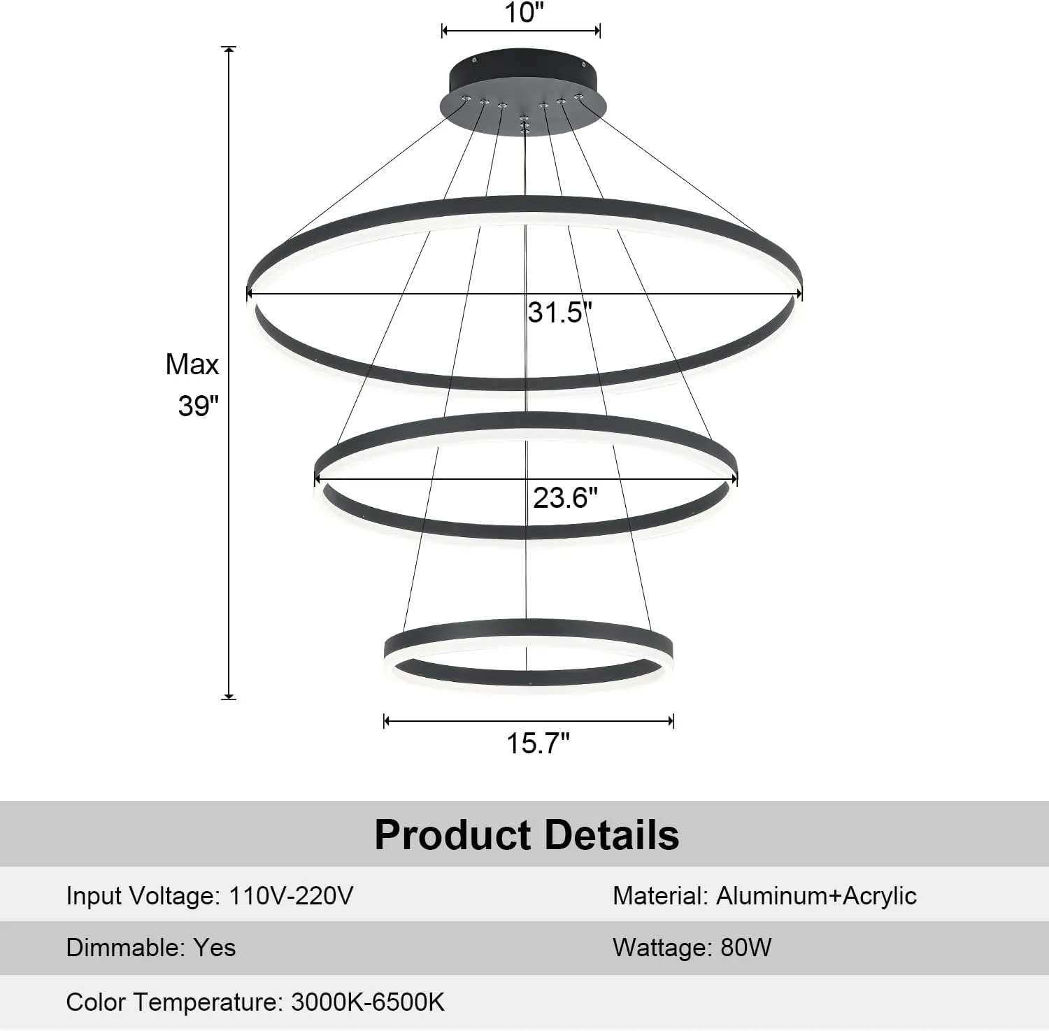 3-Rings D31.5’’ Modern LED Chandelier Black, Dimmable Pendant Lighting with Remote Control Circular Flush Mount High Ceiling Light for Living Dining Room Bedroom Foyer, 3000K-6500K