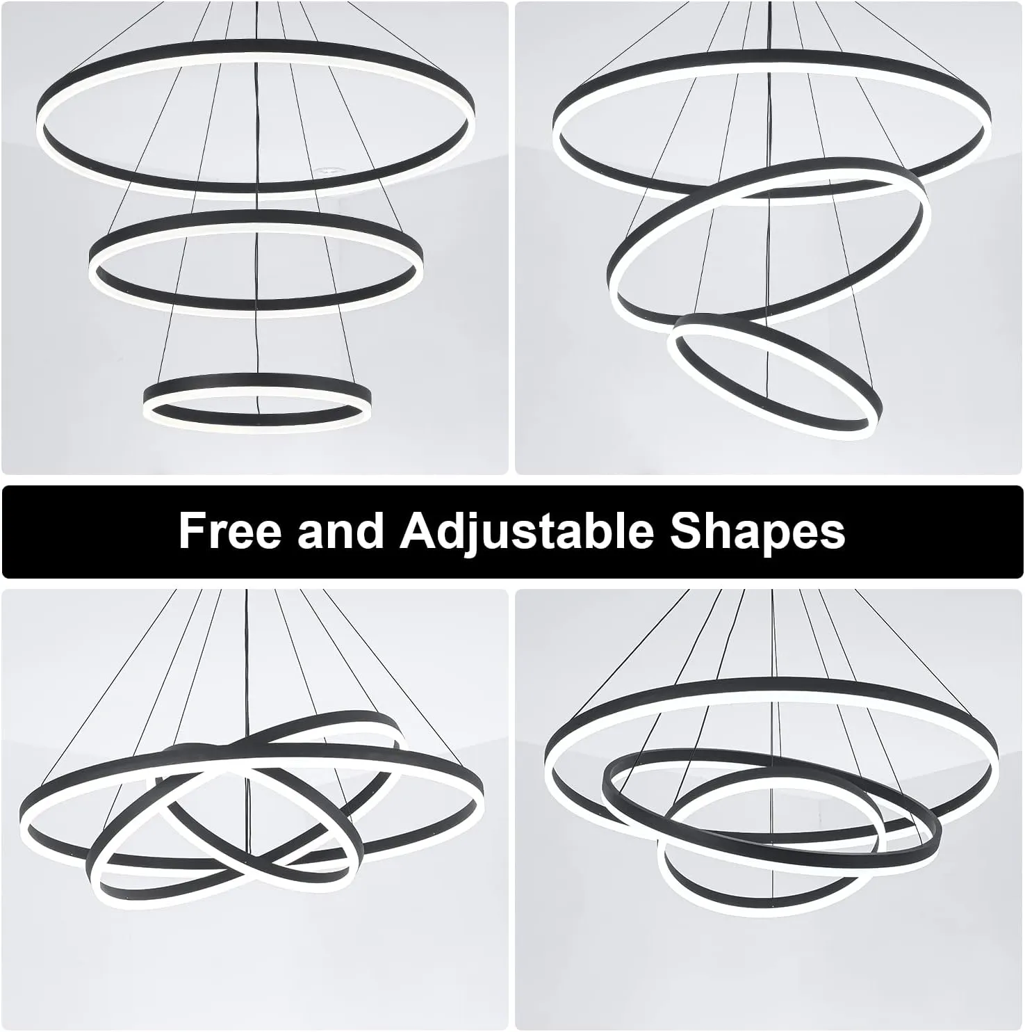 3-Rings D31.5’’ Modern LED Chandelier Black, Dimmable Pendant Lighting with Remote Control Circular Flush Mount High Ceiling Light for Living Dining Room Bedroom Foyer, 3000K-6500K