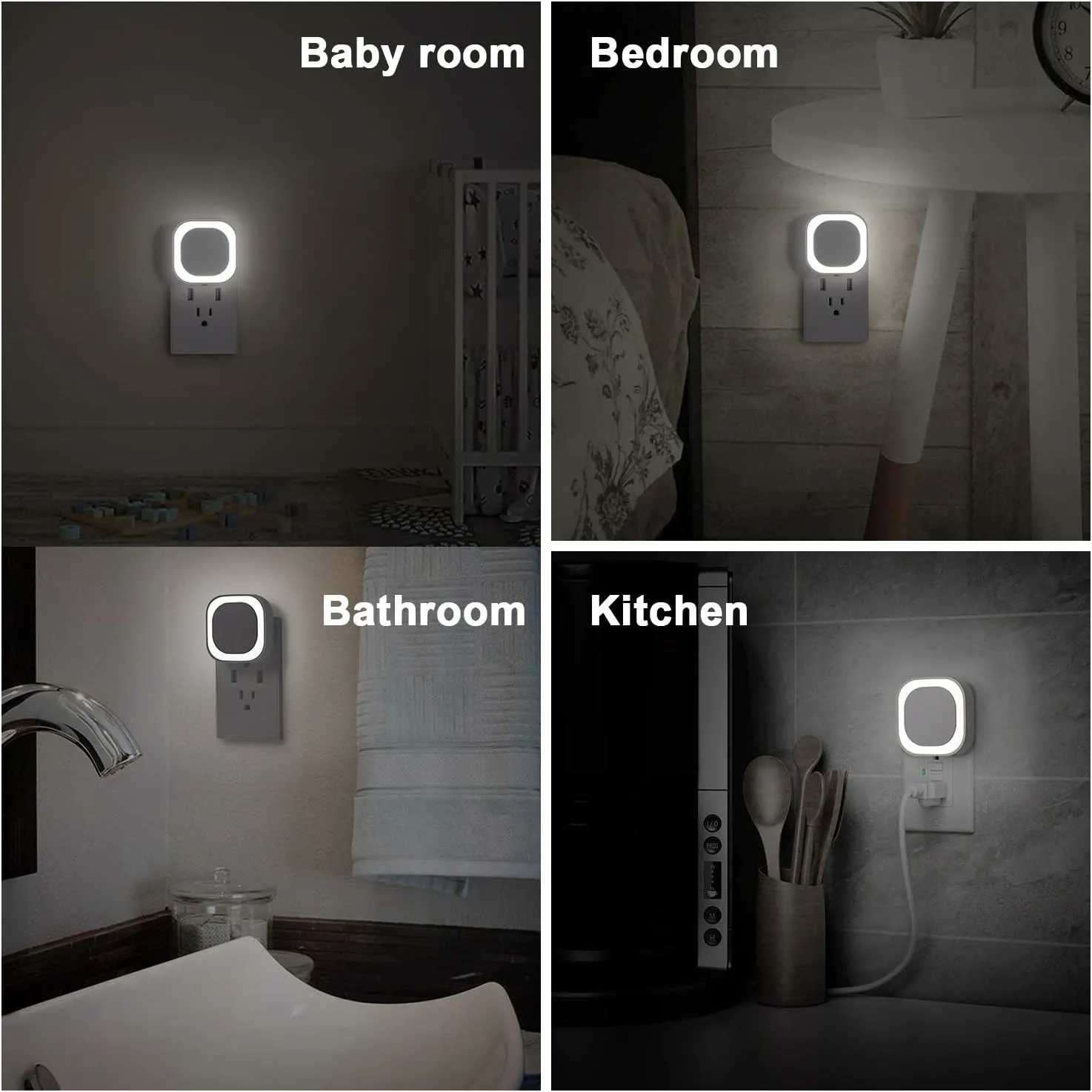 4 Pack Plug in Dimmable Night Lights, Auto Dusk to Dawn Sensor, Square Nightlights for Bathroom, Hallway, Stairs, Kitchen, Bedroom, Garage