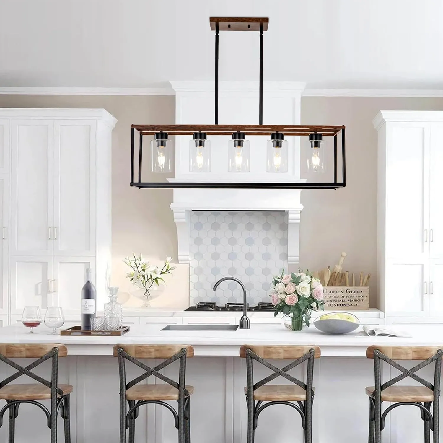 5 Light Black Dining room Light Fixture over Table Faux Wood Farmhouse Chandelier Rectangle Pendent Lighting for Kitchen living room Modern Industrial style Linear Hanging Light Adjustable Height