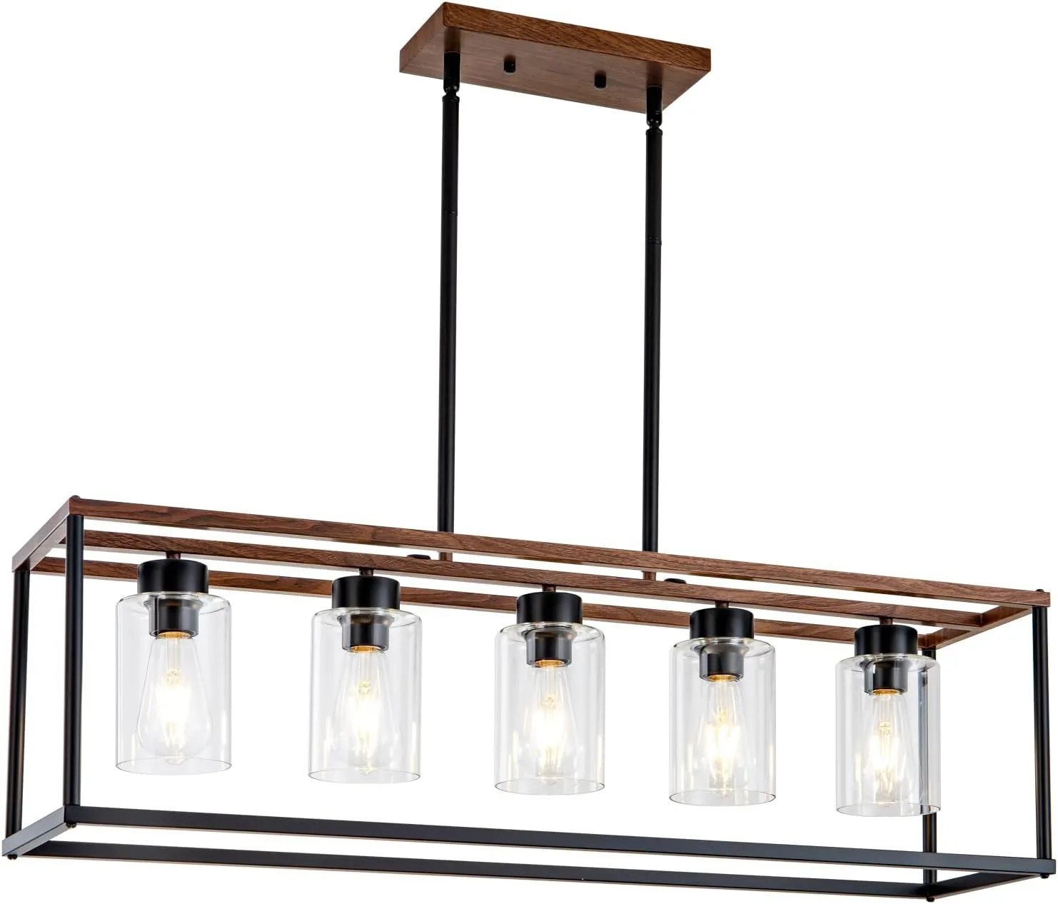 5 Light Black Dining room Light Fixture over Table Faux Wood Farmhouse Chandelier Rectangle Pendent Lighting for Kitchen living room Modern Industrial style Linear Hanging Light Adjustable Height