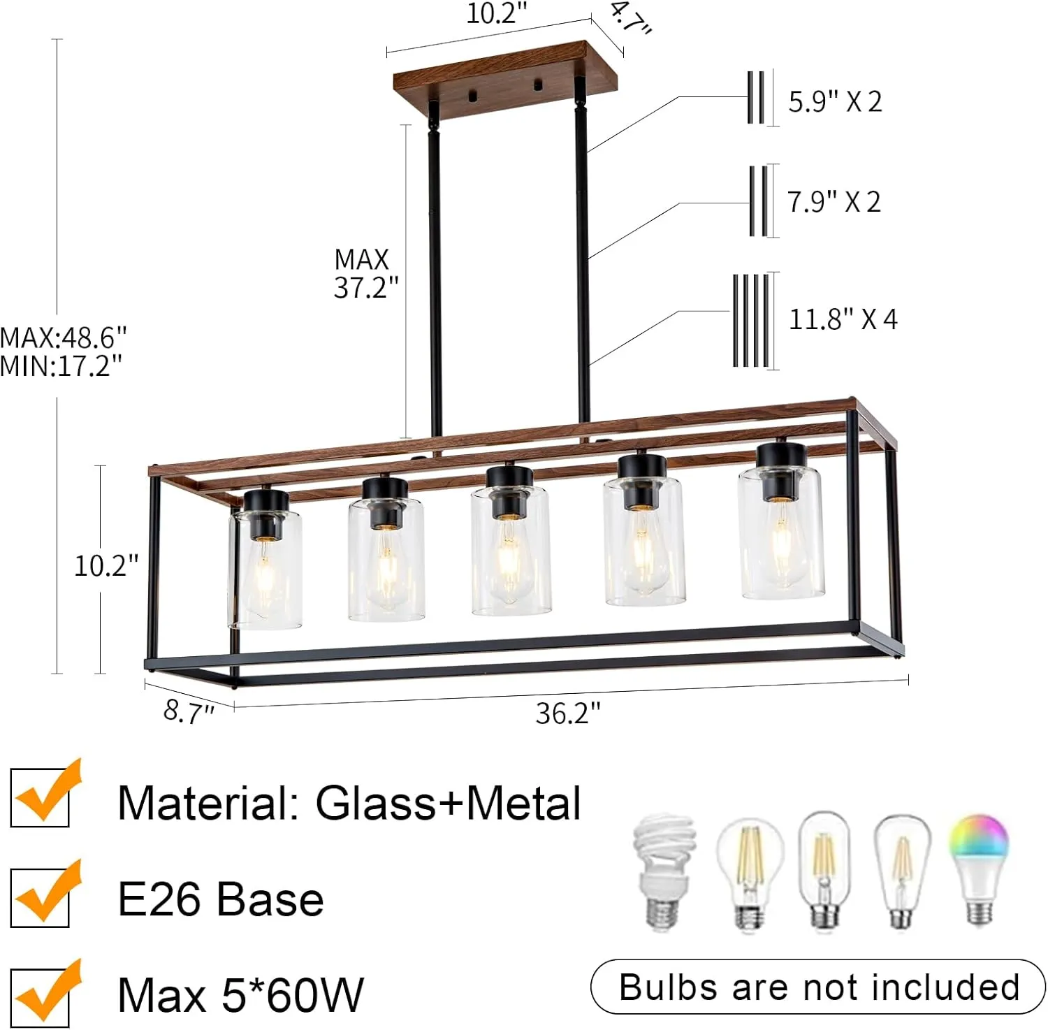 5 Light Black Dining room Light Fixture over Table Faux Wood Farmhouse Chandelier Rectangle Pendent Lighting for Kitchen living room Modern Industrial style Linear Hanging Light Adjustable Height