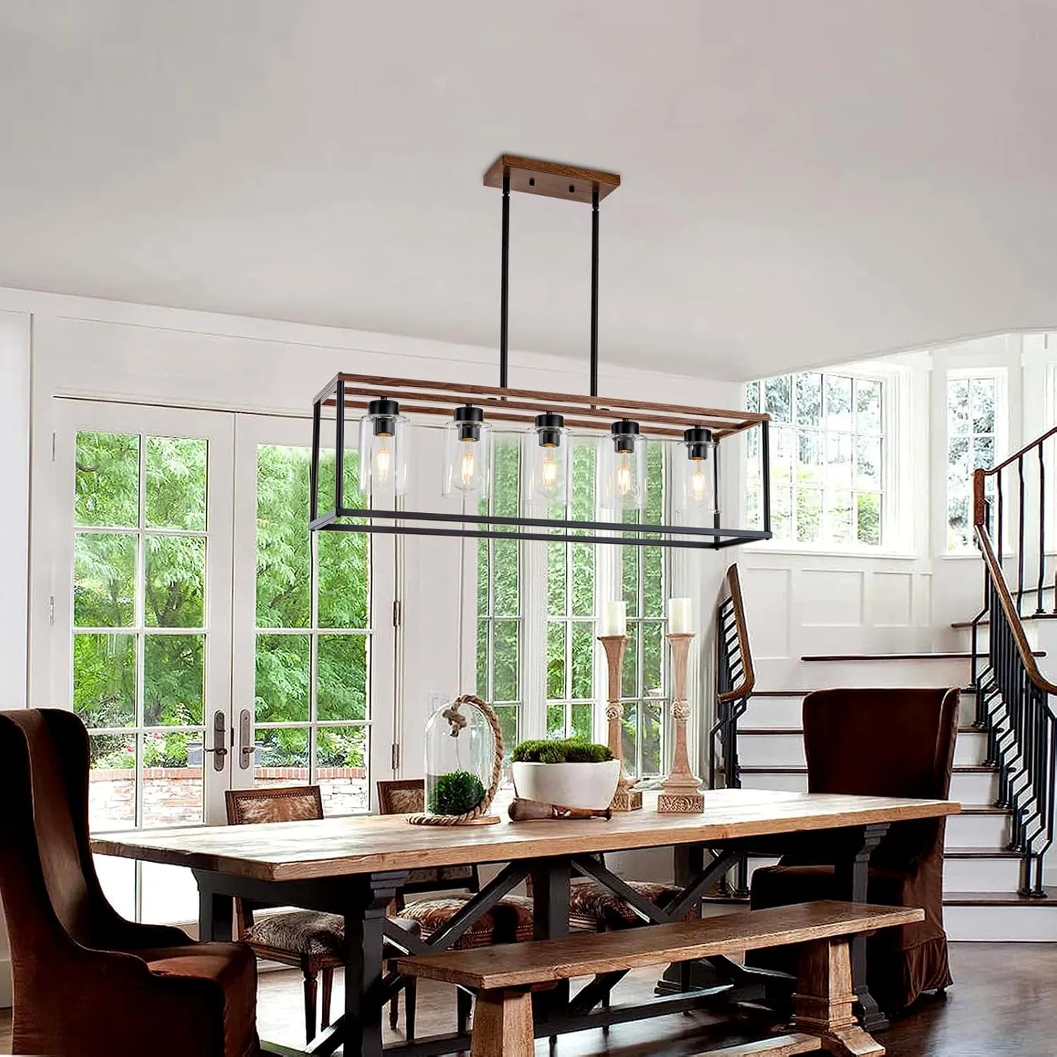 5 Light Black Dining room Light Fixture over Table Faux Wood Farmhouse Chandelier Rectangle Pendent Lighting for Kitchen living room Modern Industrial style Linear Hanging Light Adjustable Height