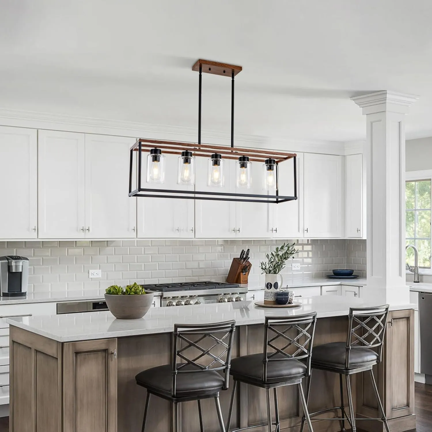 5 Light Black Dining room Light Fixture over Table Faux Wood Farmhouse Chandelier Rectangle Pendent Lighting for Kitchen living room Modern Industrial style Linear Hanging Light Adjustable Height