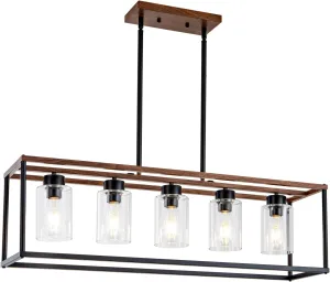5 Light Black Dining room Light Fixture over Table Faux Wood Farmhouse Chandelier Rectangle Pendent Lighting for Kitchen living room Modern Industrial style Linear Hanging Light Adjustable Height